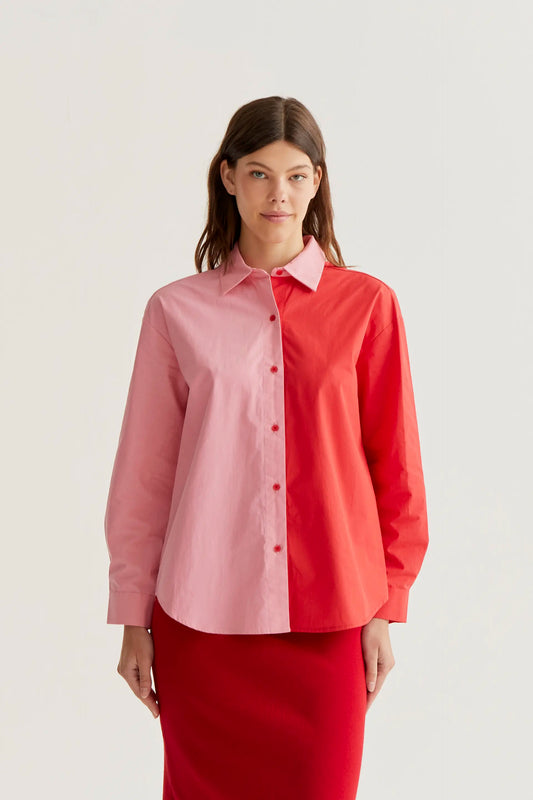 Camisa 100% algodón bicolor rosa y rojo