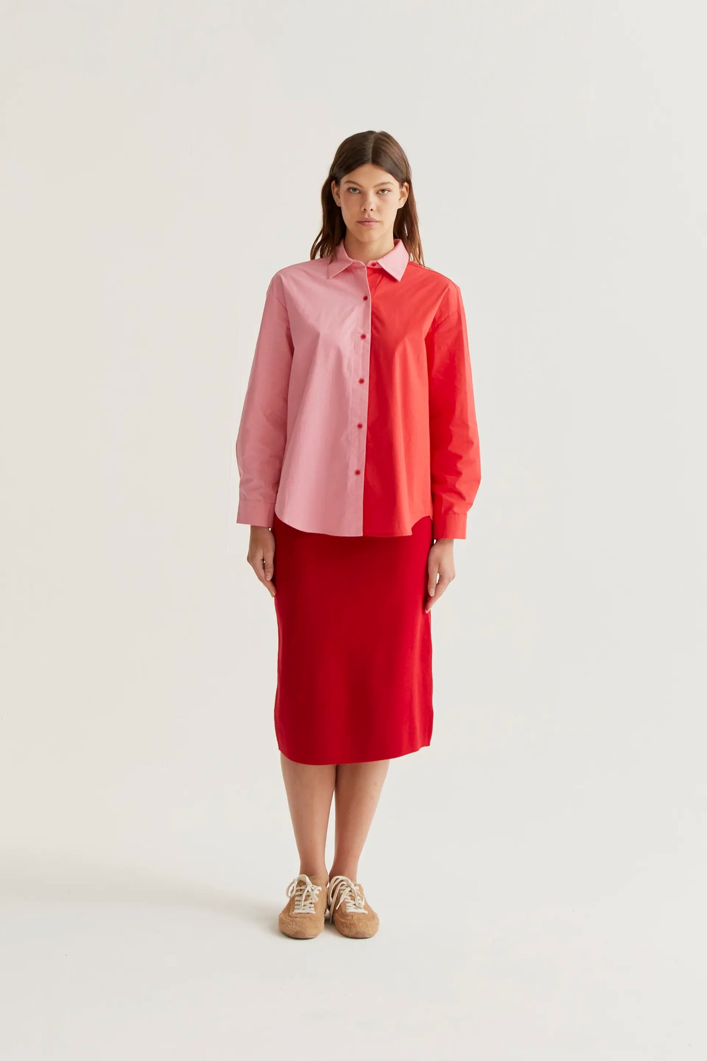 Camisa 100% algodón bicolor rosa y rojo