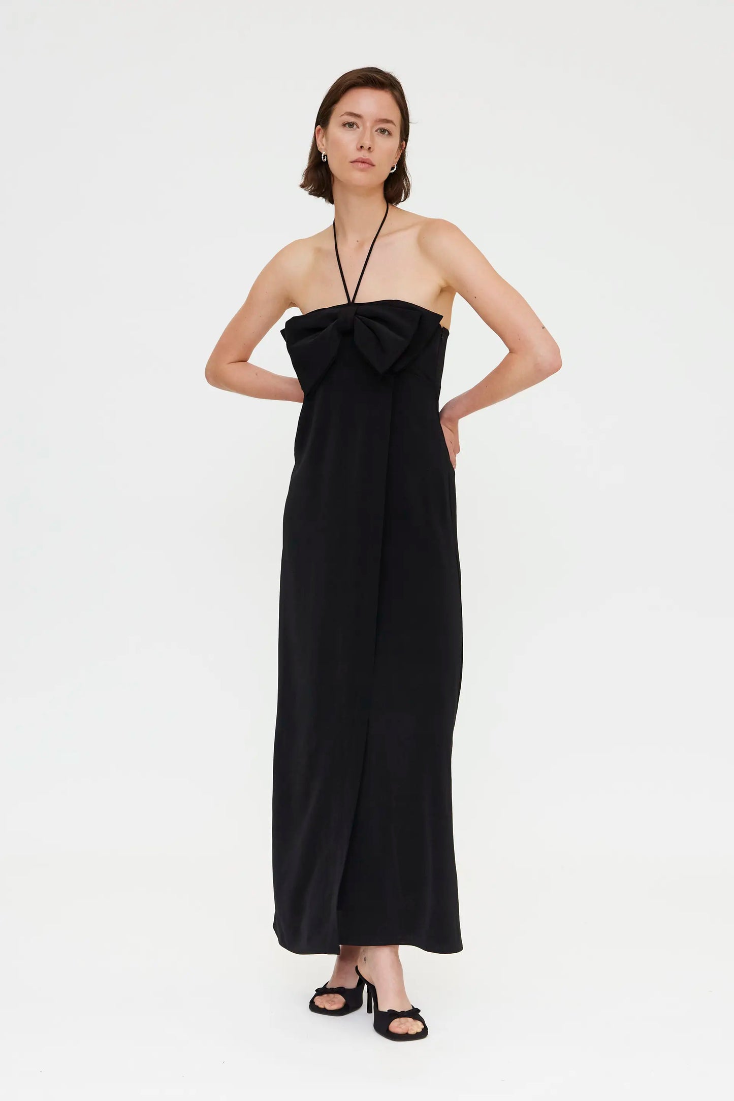 Long black dress with tie detail