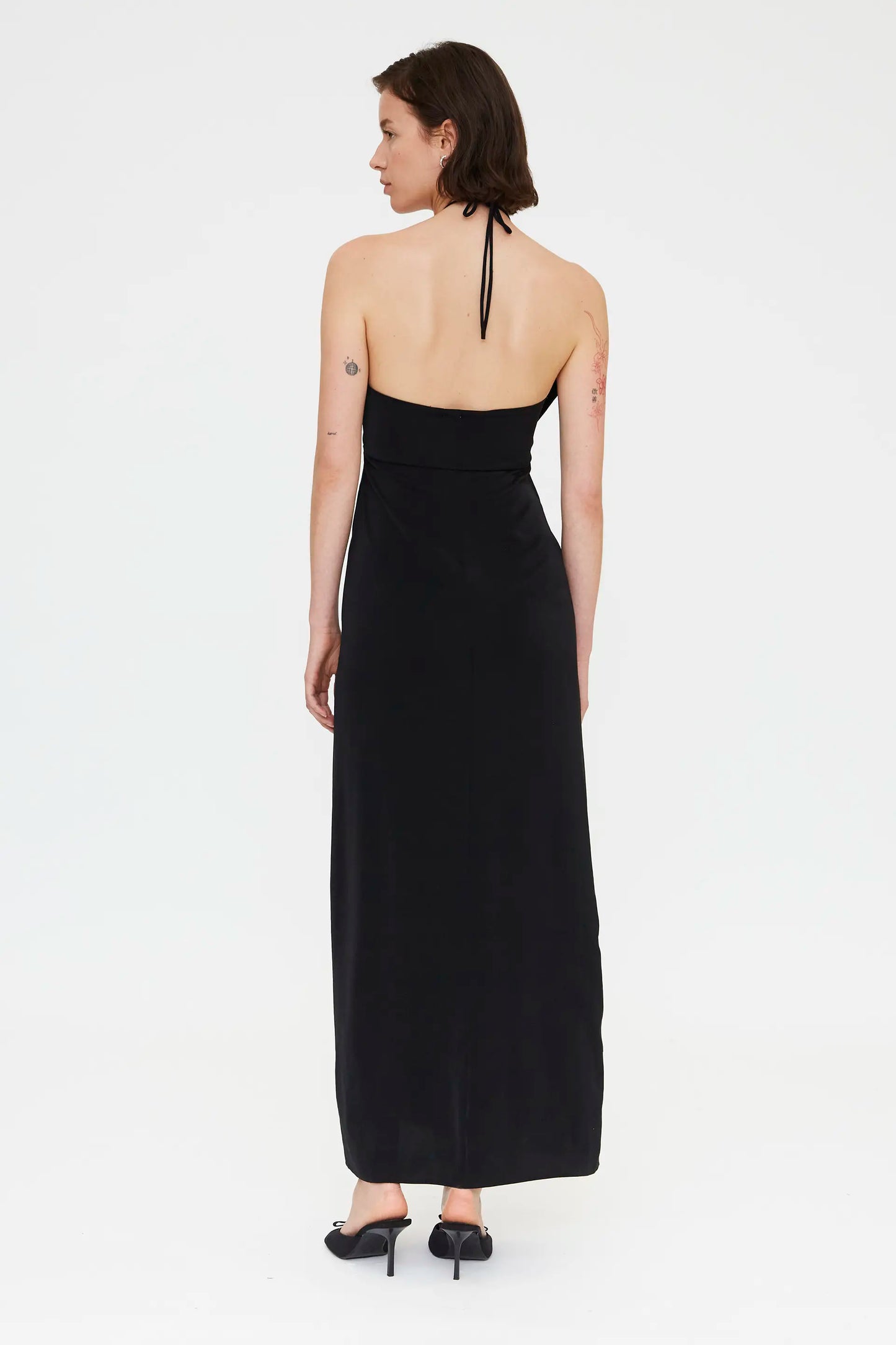 Long black dress with tie detail