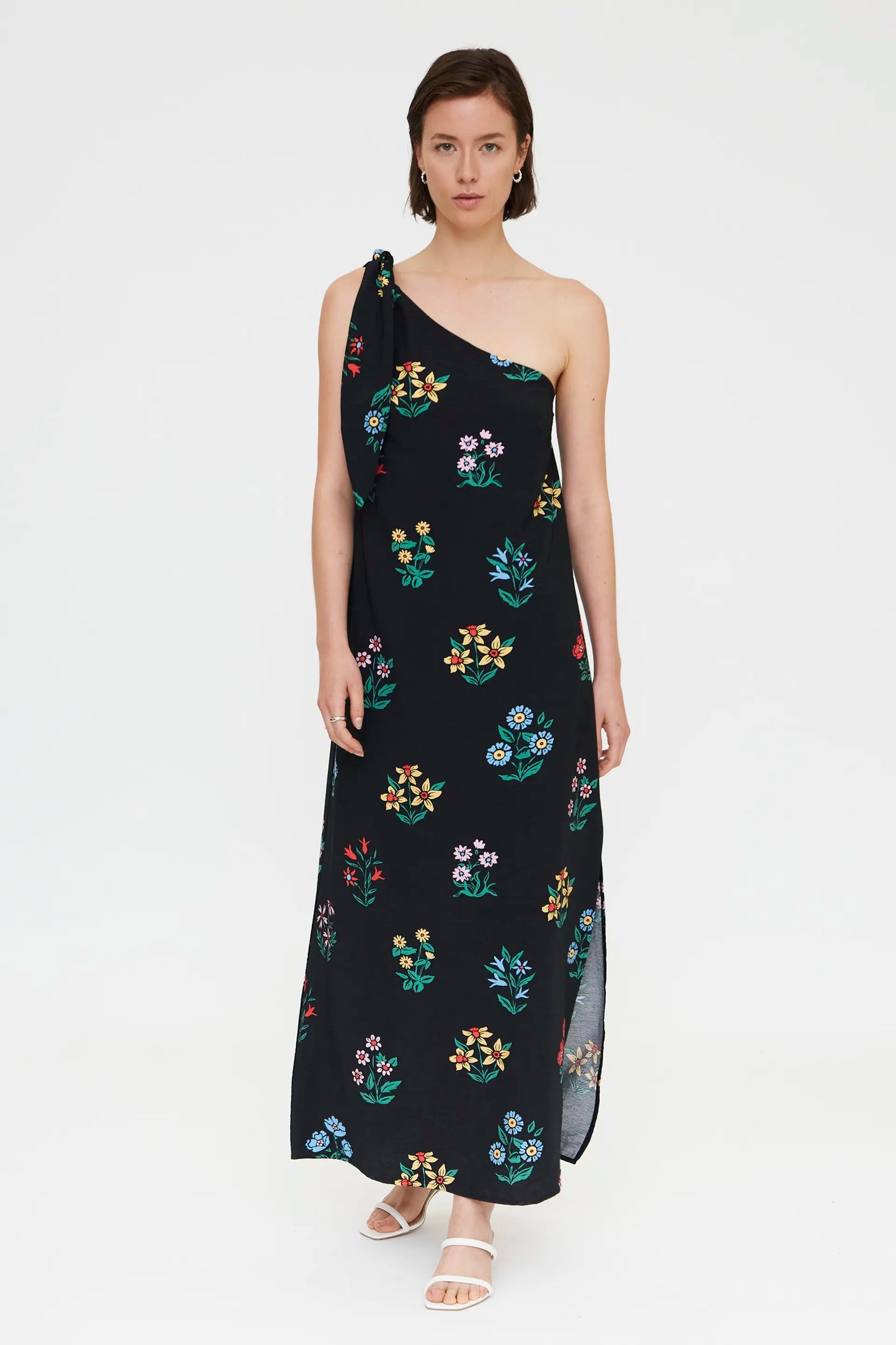 Long asymmetrical dress with Multicolor Gardener print