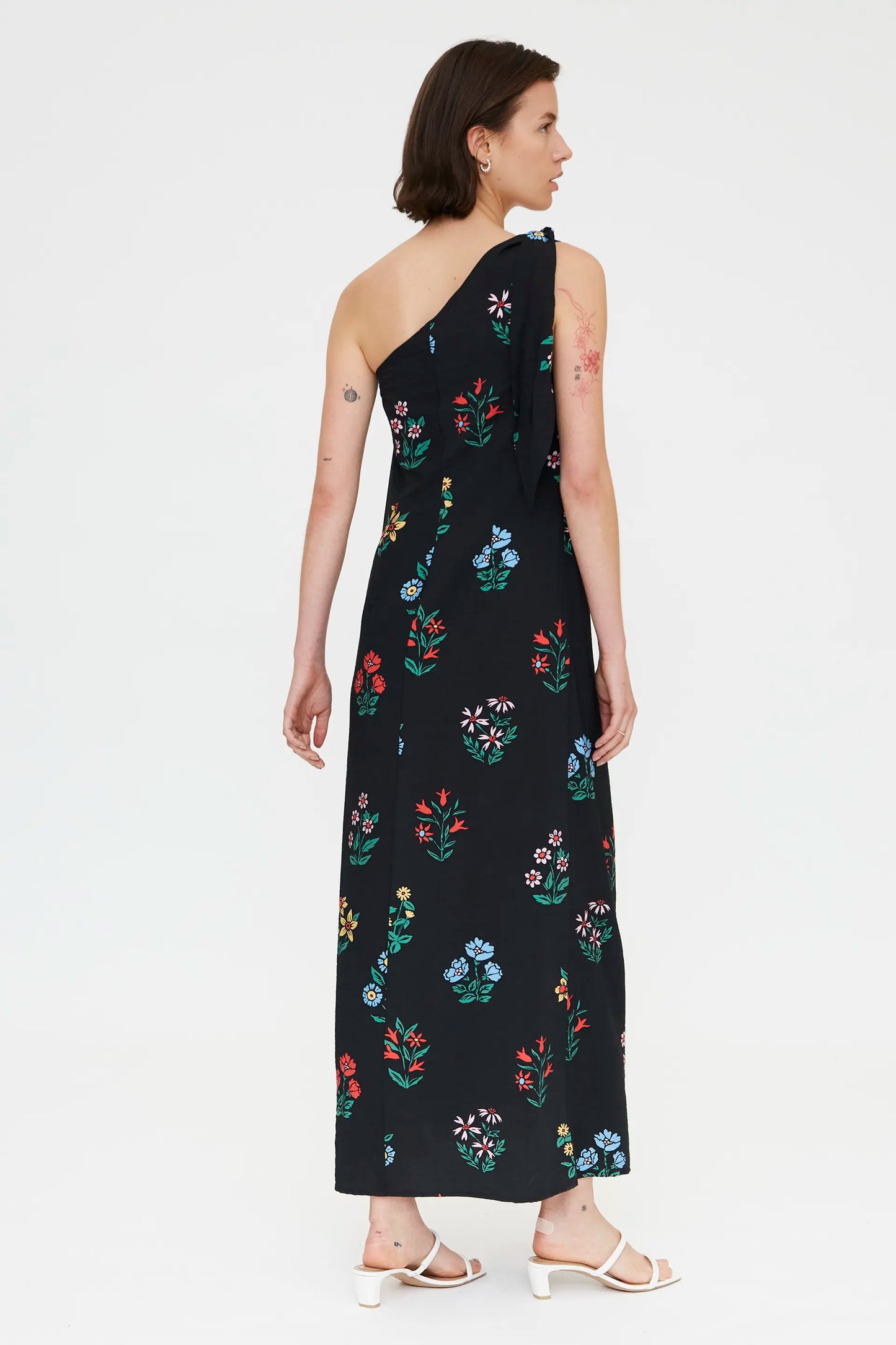 Long asymmetrical dress with Multicolor Gardener print