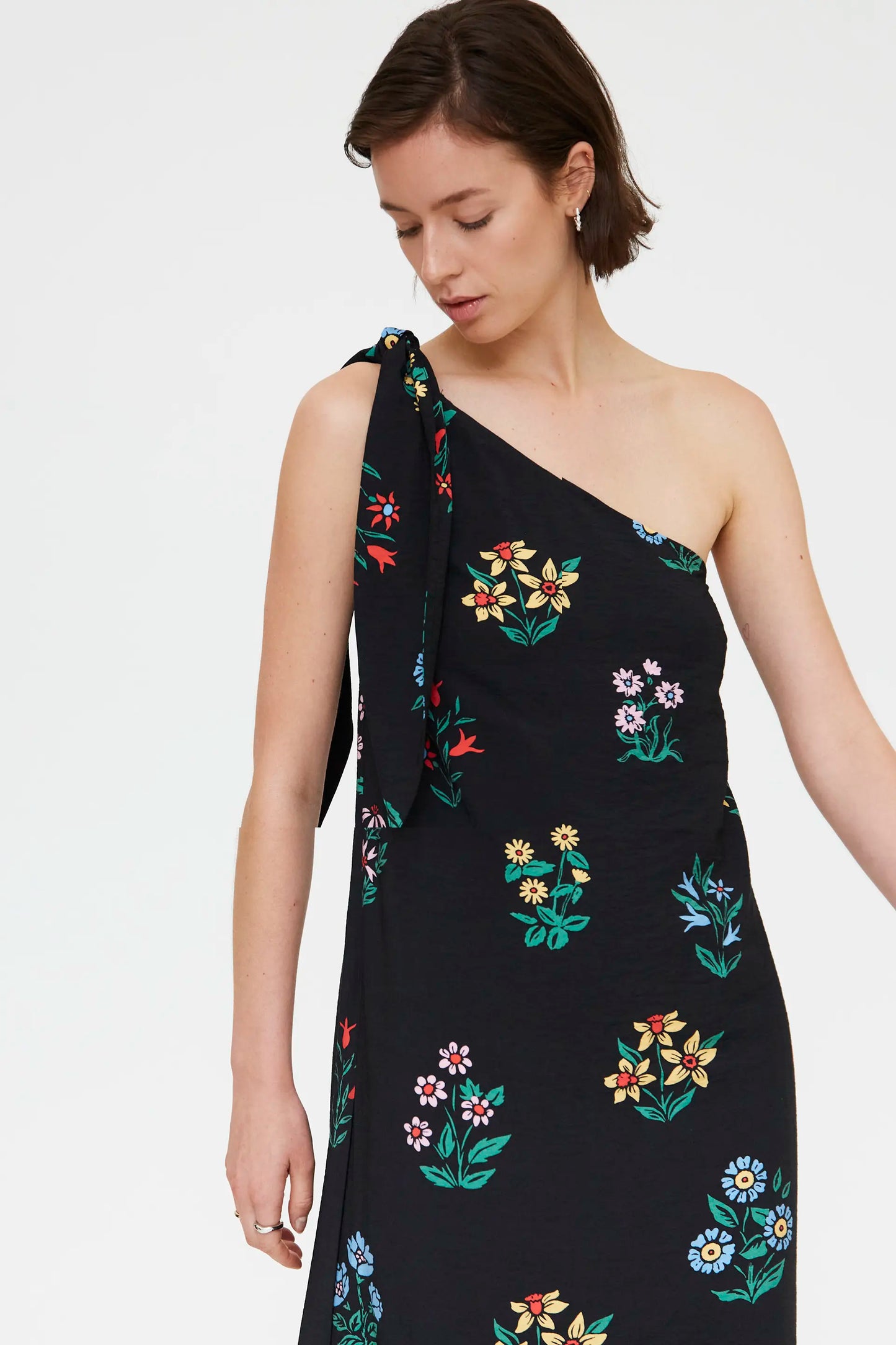 Long asymmetrical dress with Multicolor Gardener print