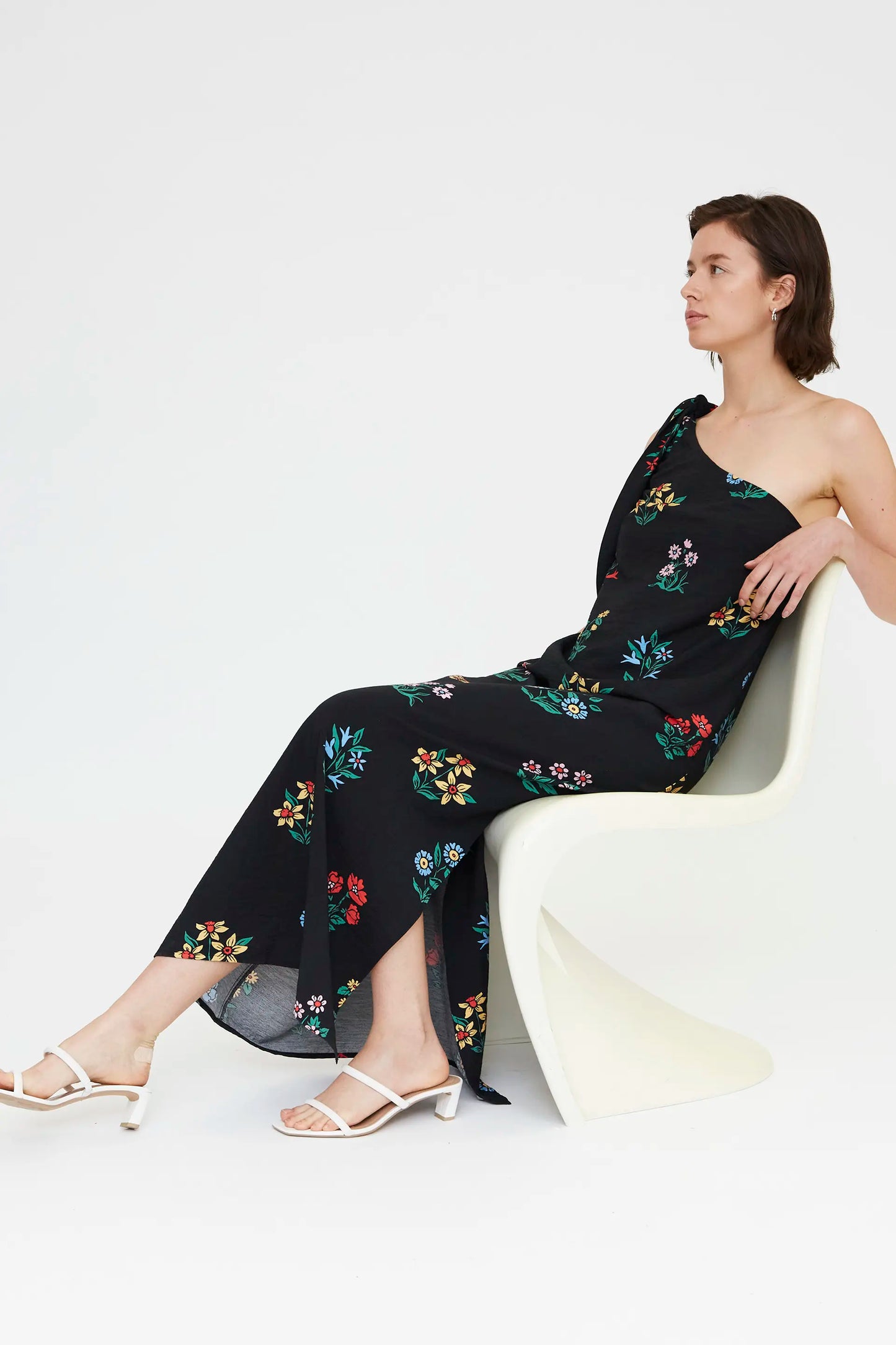 Long asymmetrical dress with Multicolor Gardener print