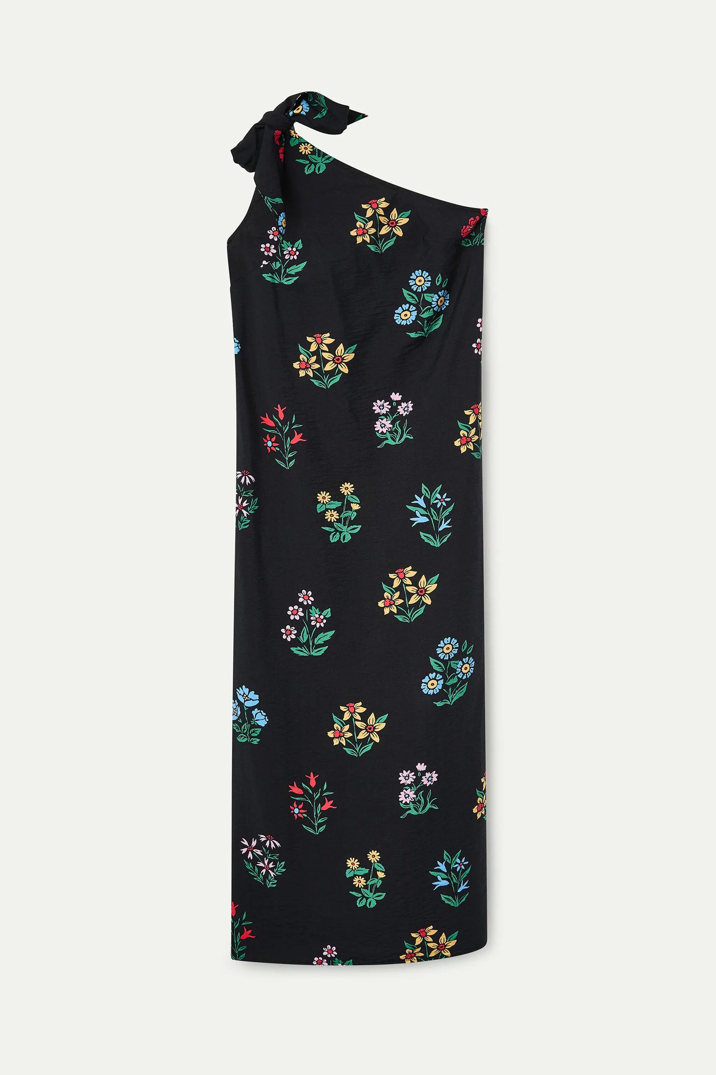 Long asymmetrical dress with Multicolor Gardener print