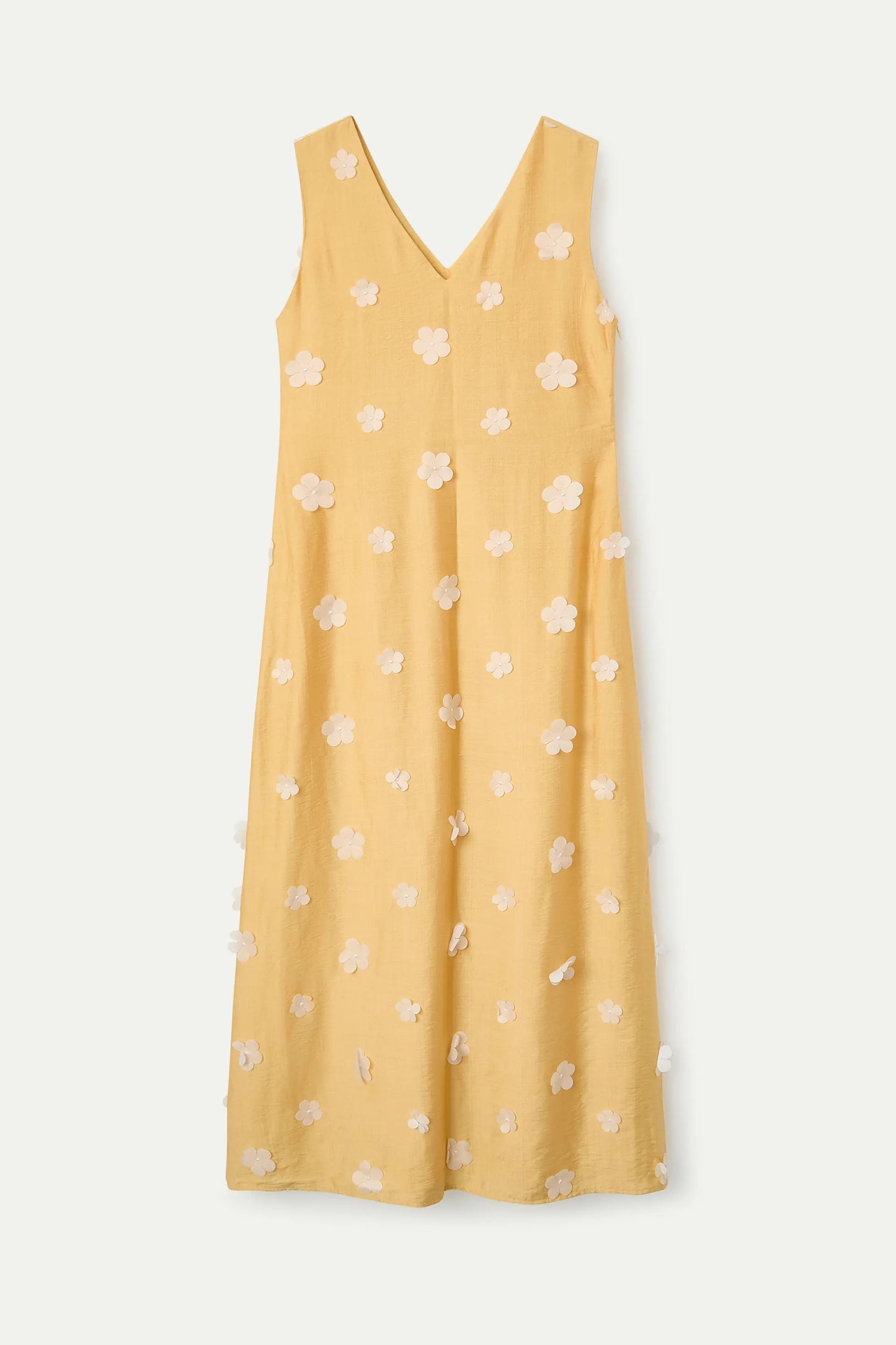 Vestido largo amarillo claro con bordado floral
