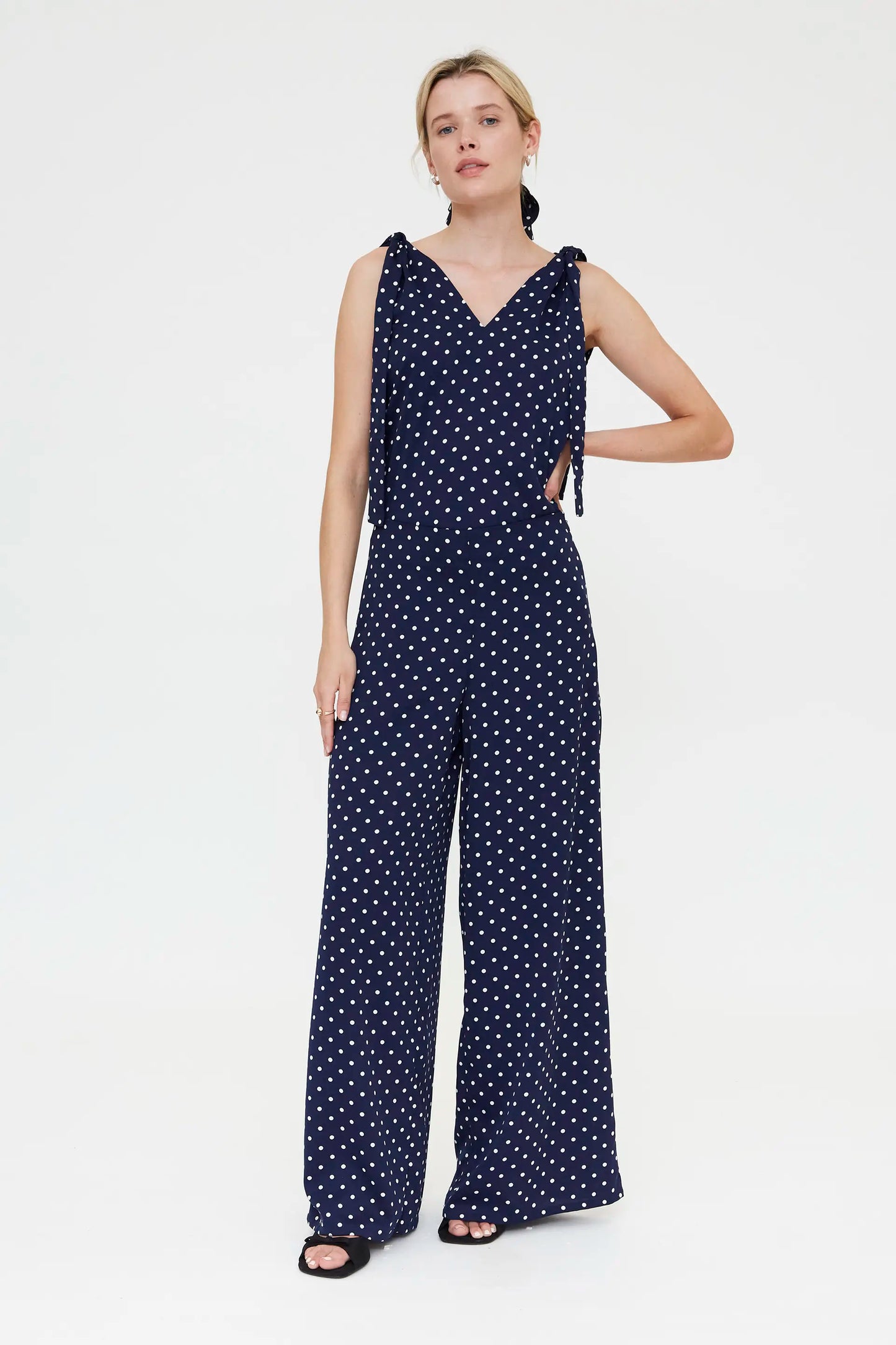 Trousers with navy blue mini dot print