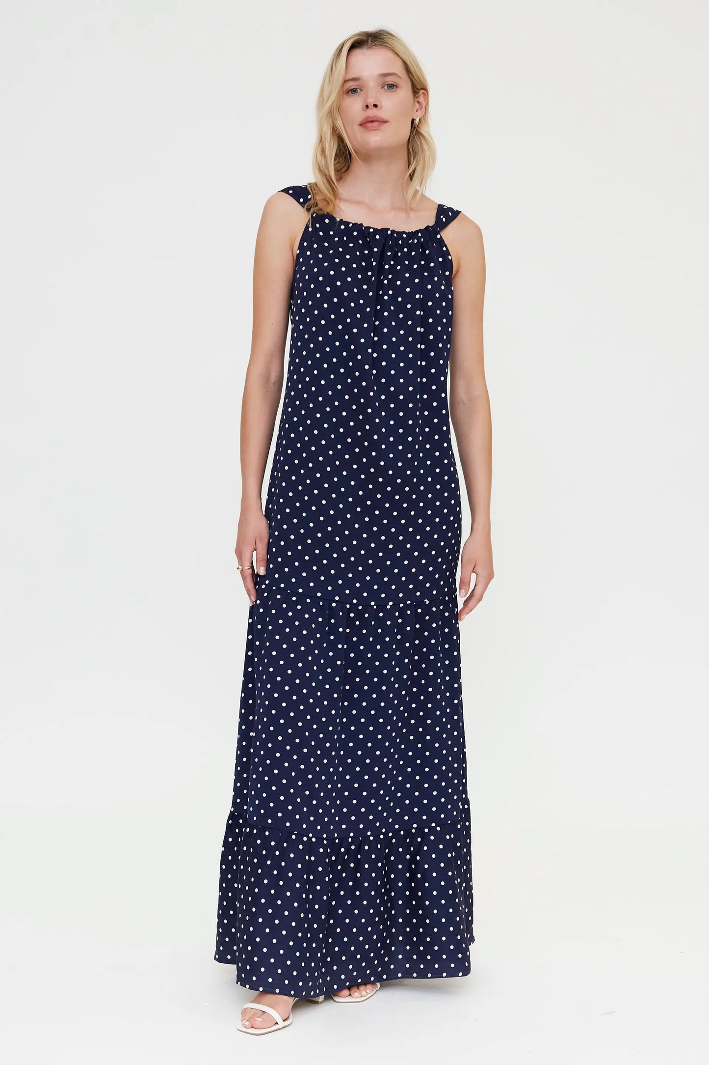 Vestido largo con estampado mini dots azul marino