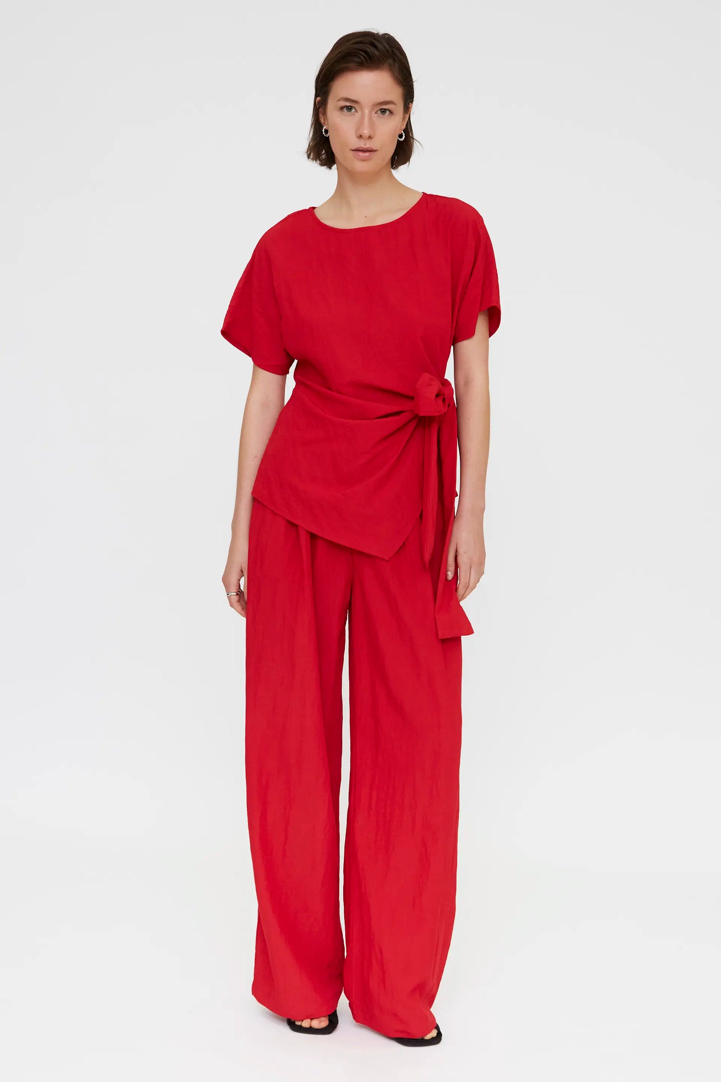 Red top with tie detail