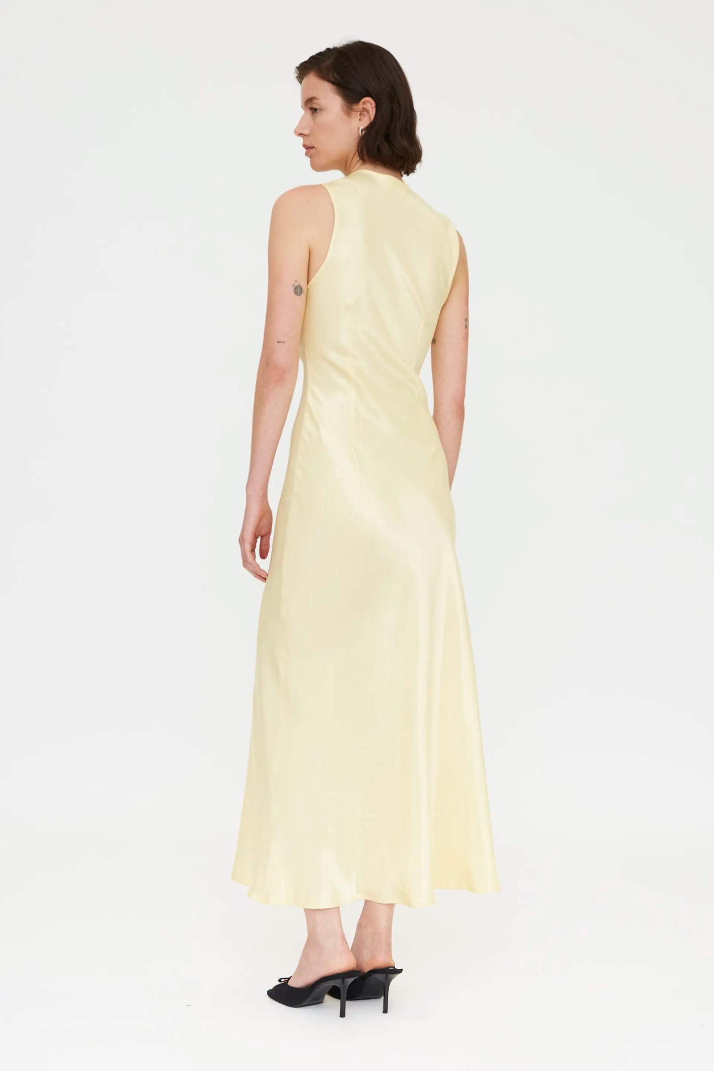long light yellow satin dress
