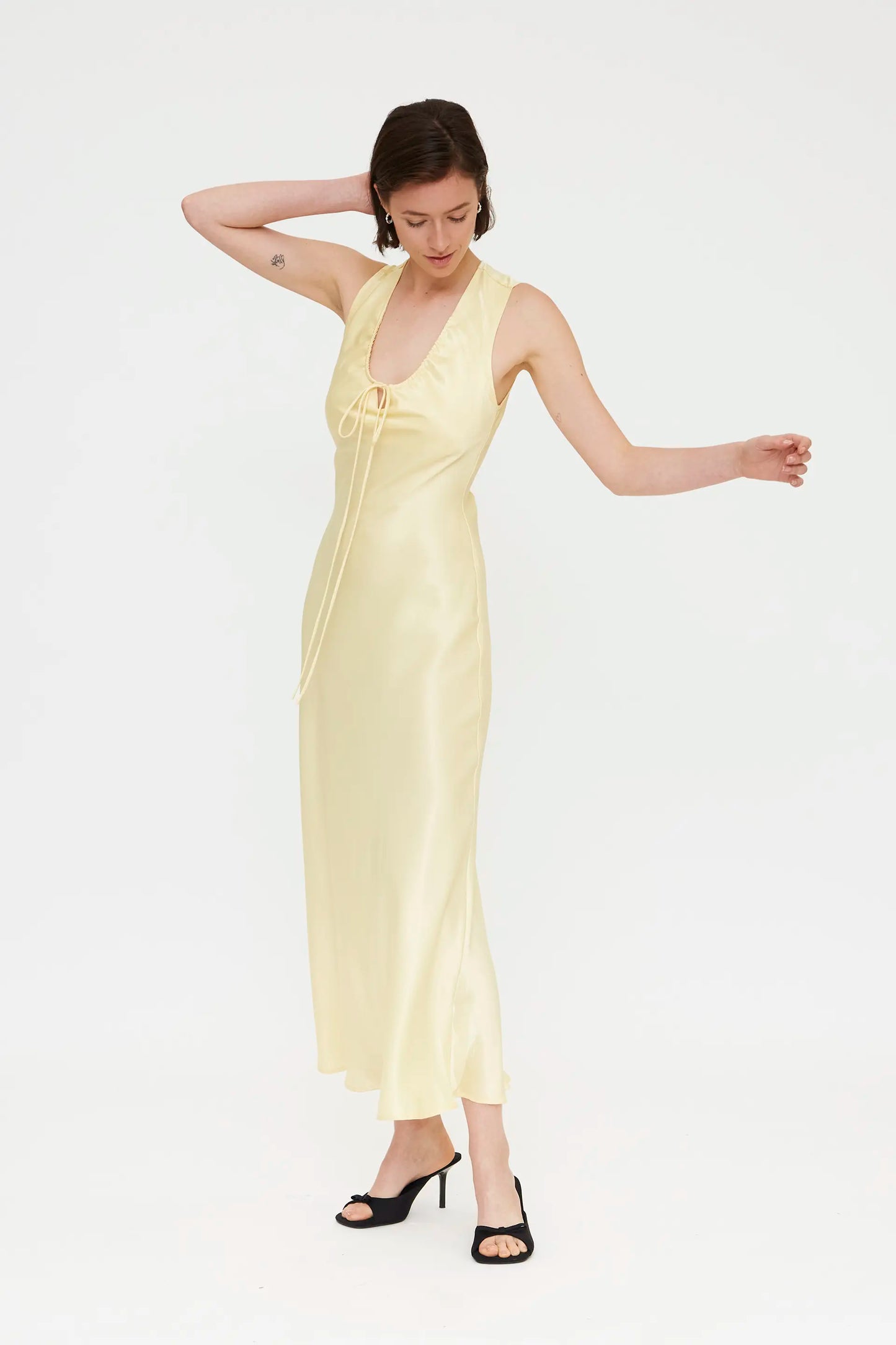 long light yellow satin dress