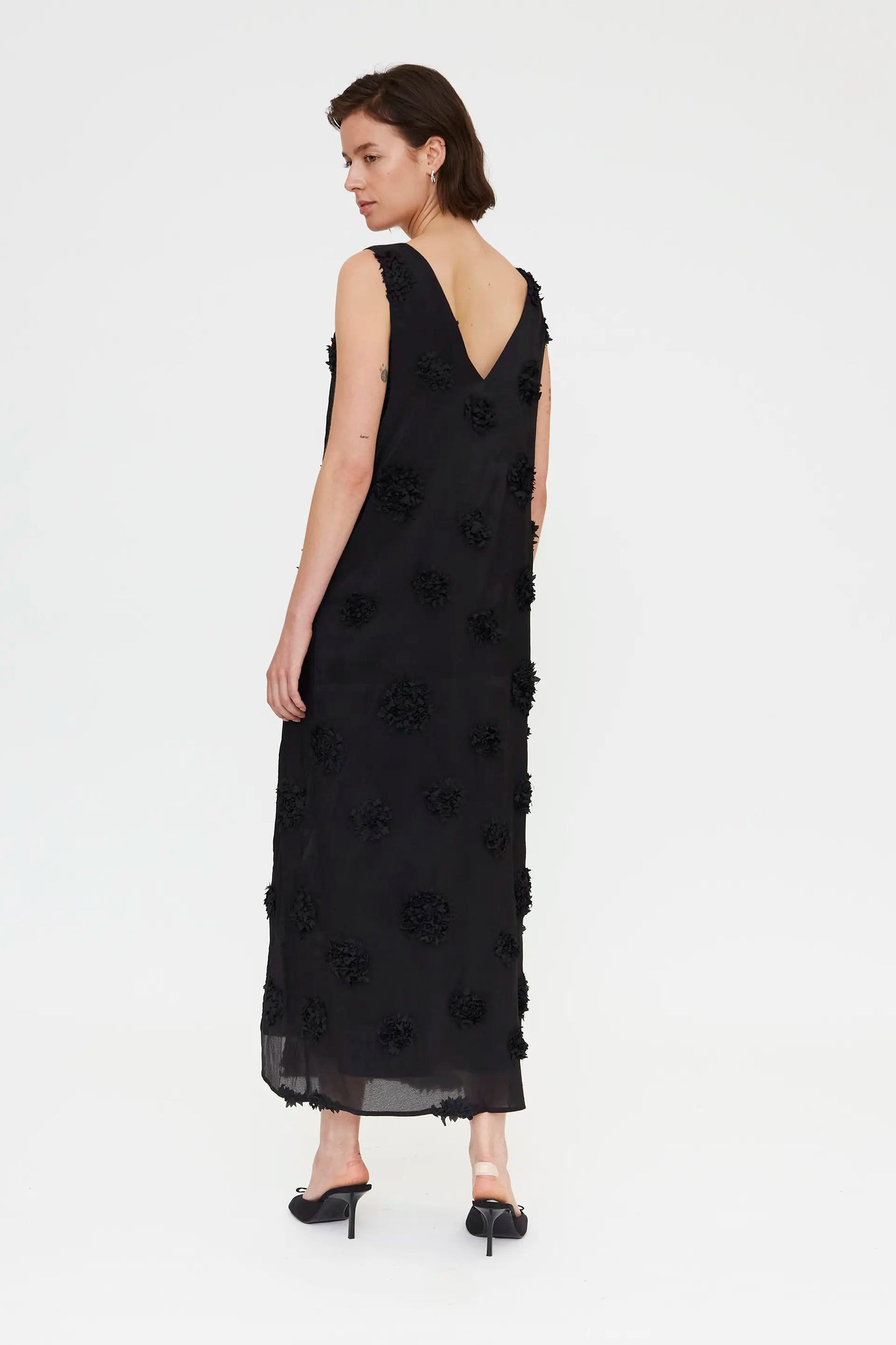 Long black dress with floral detail