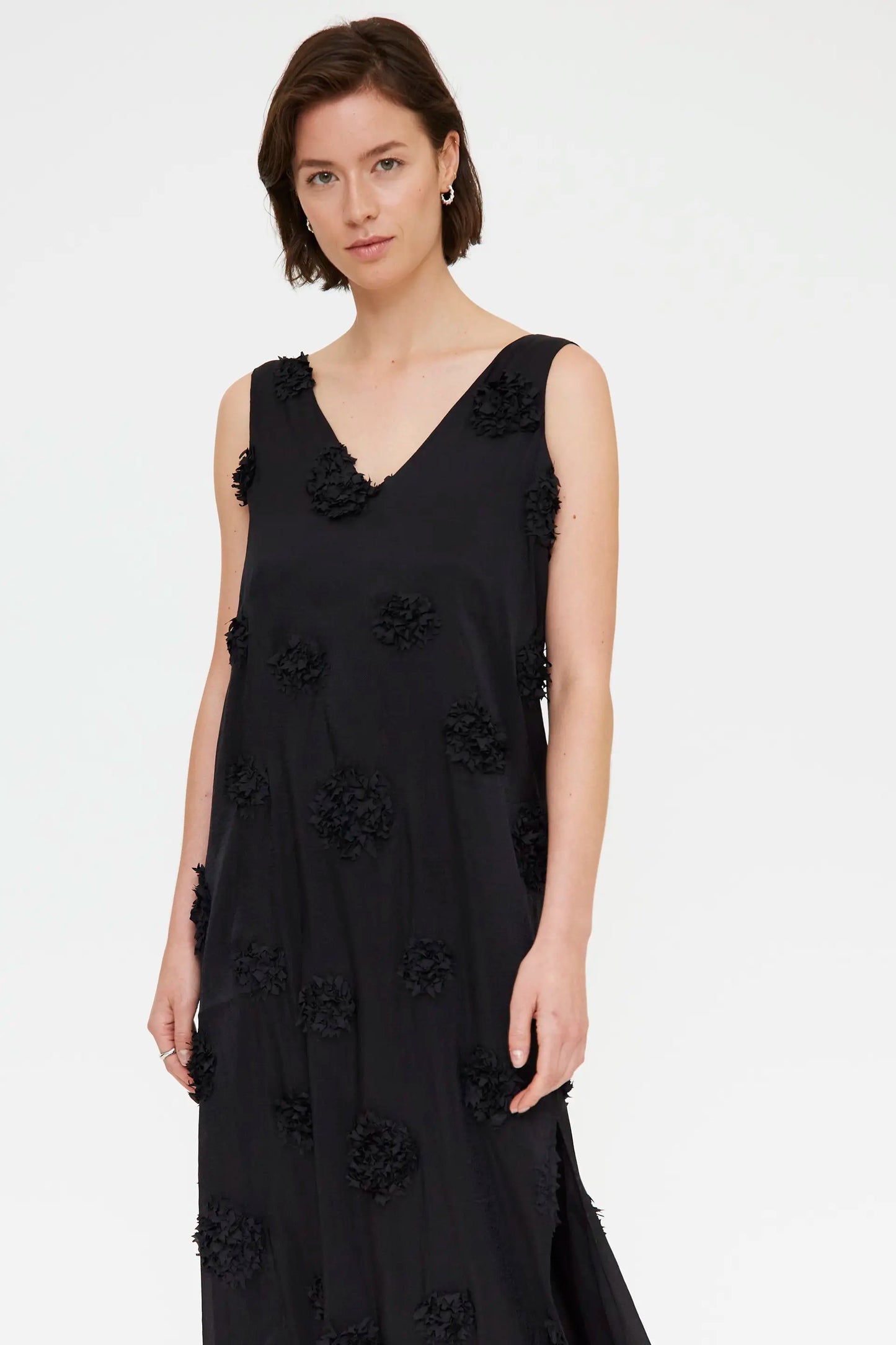 Long black dress with floral detail