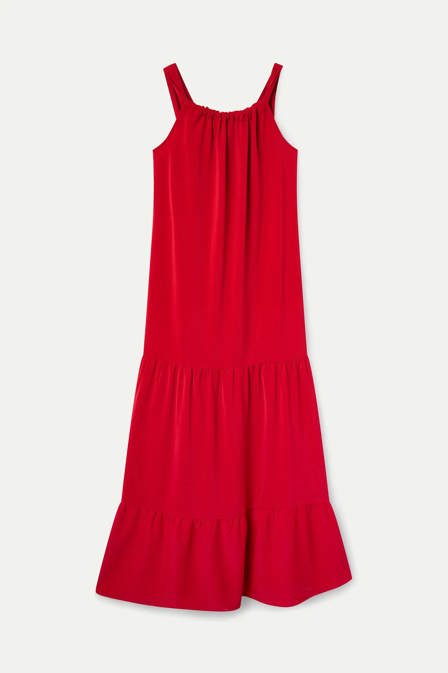 Long red dress with a round neckline