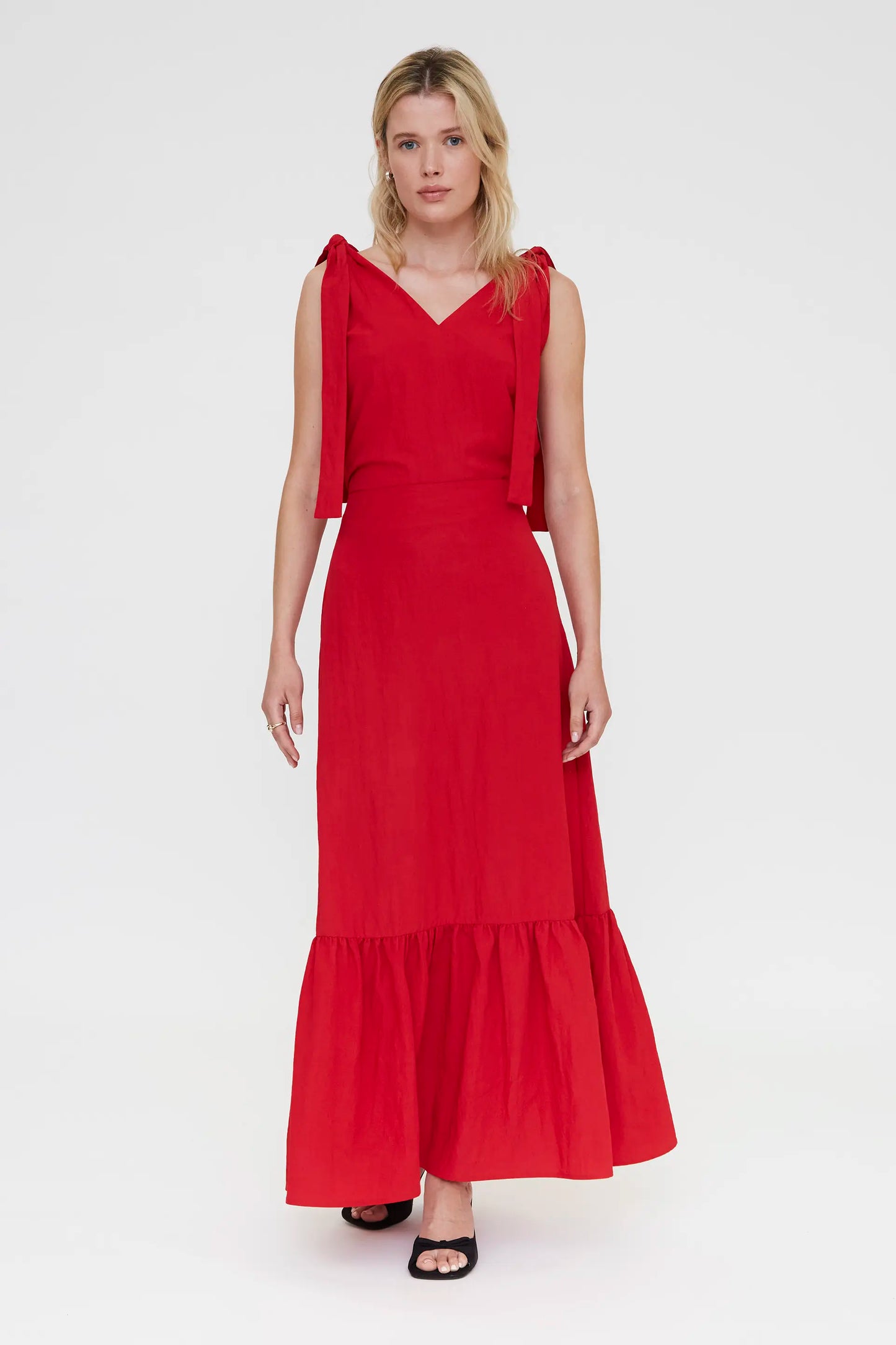 Red asymmetric top with a V-neck