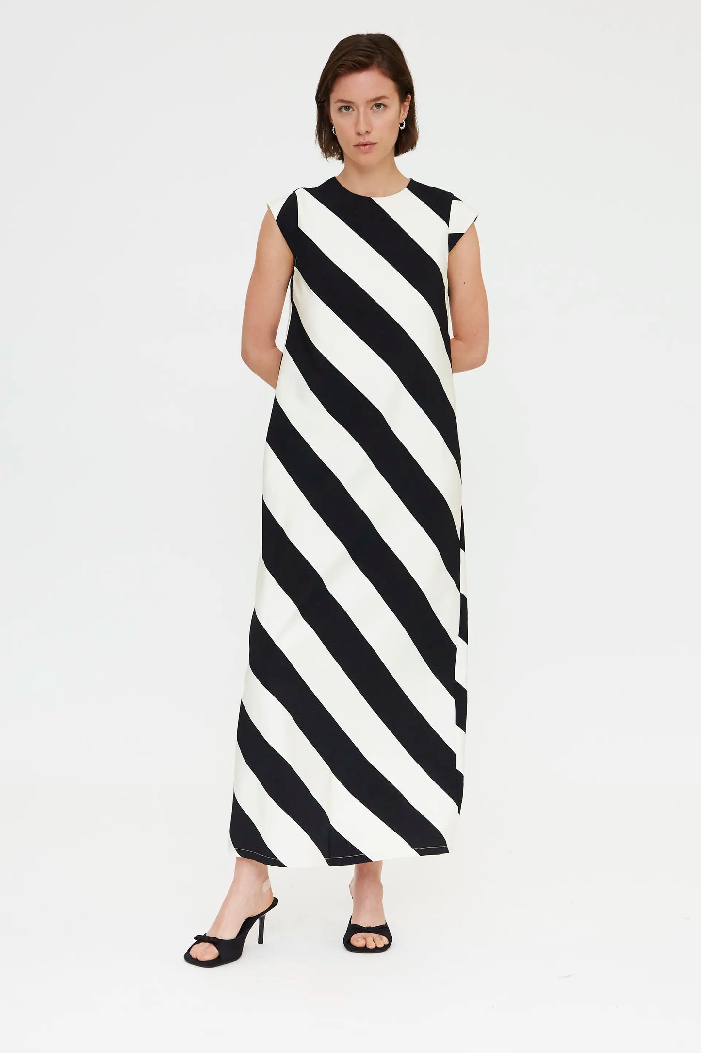 Long dress with black and white diagonal striped print