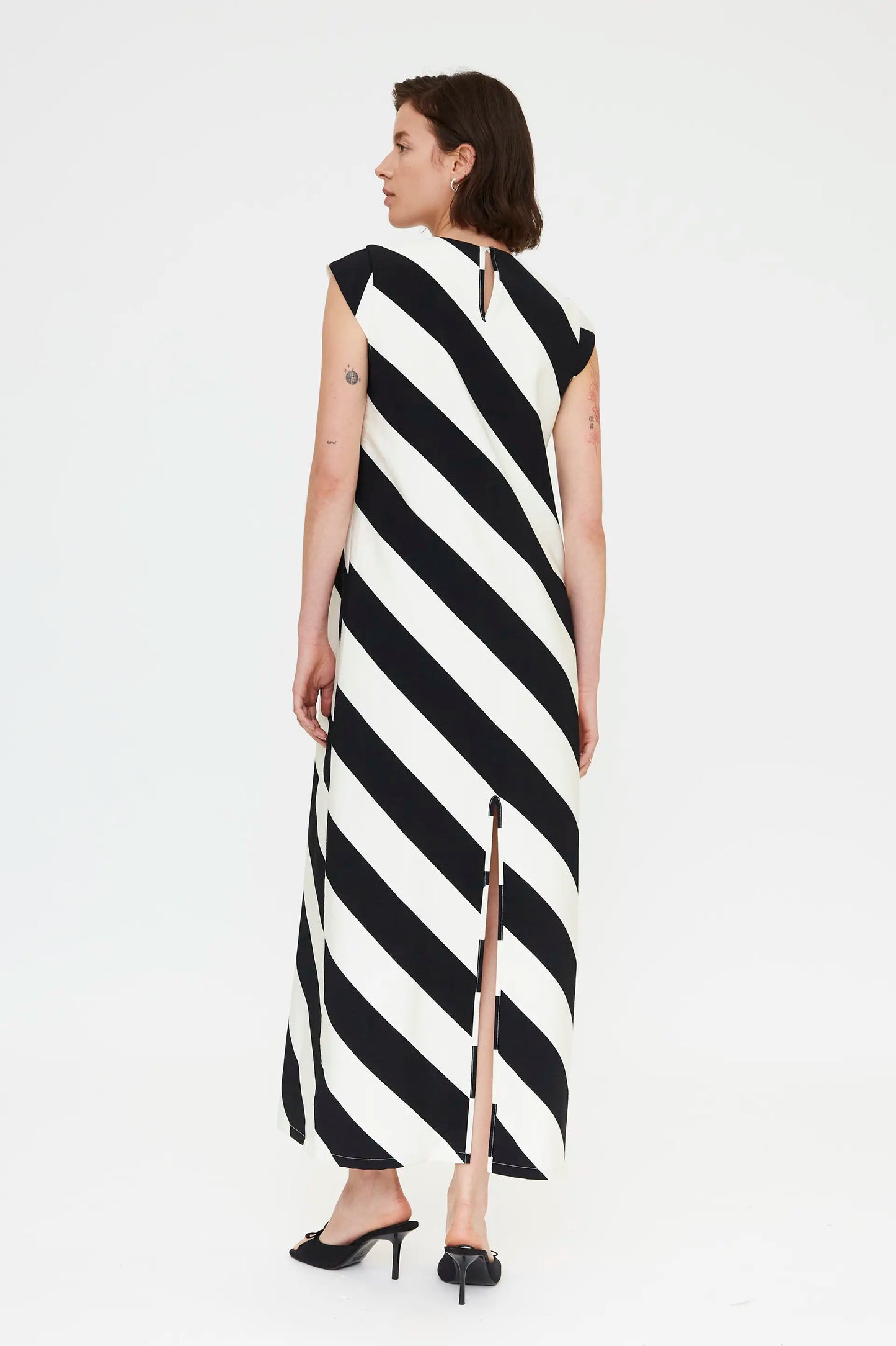 Long dress with black and white diagonal striped print