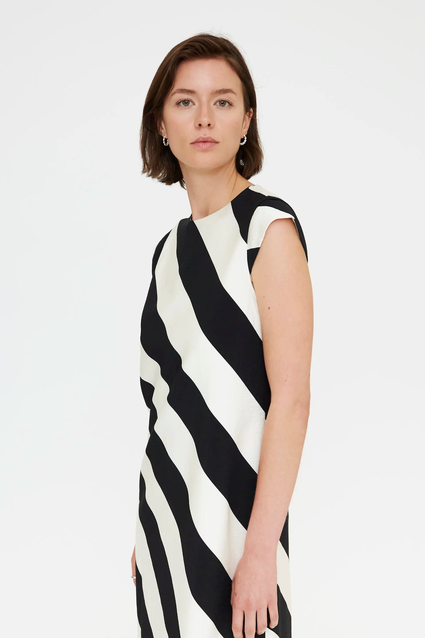 Long dress with black and white diagonal striped print