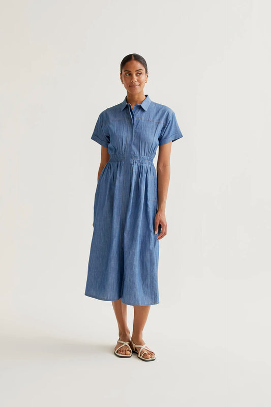 Vestido midi 100% algodón chambray azul claro manga corta
