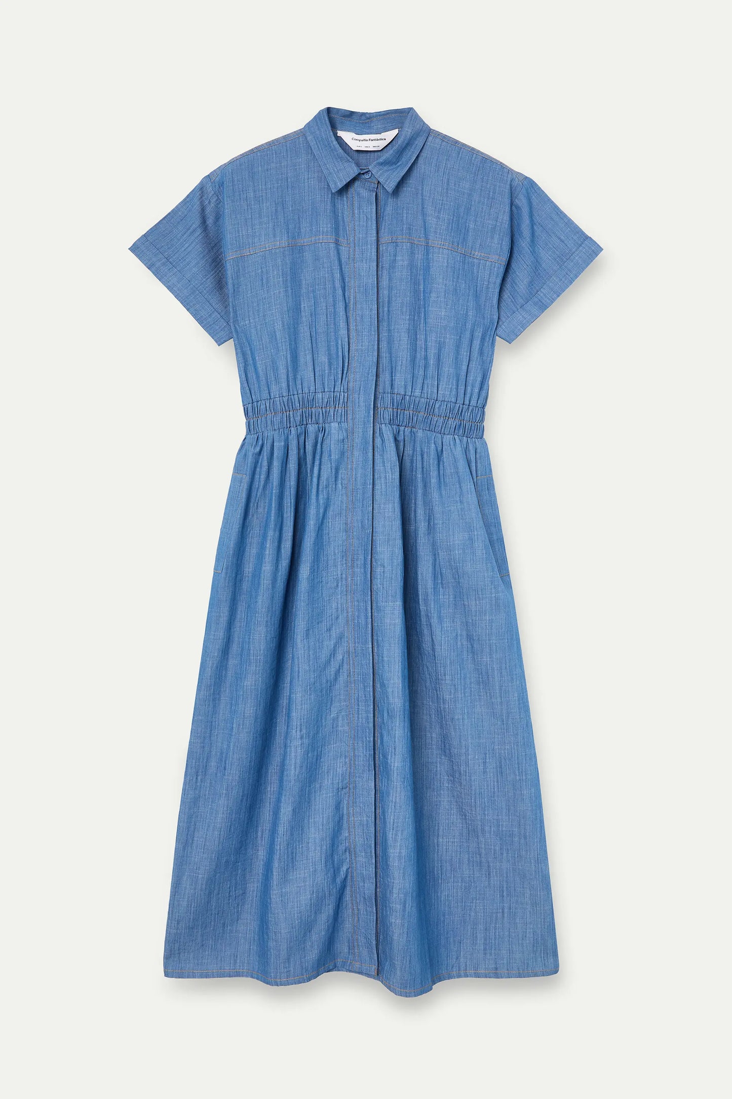 Vestido midi 100% algodón chambray azul claro manga corta