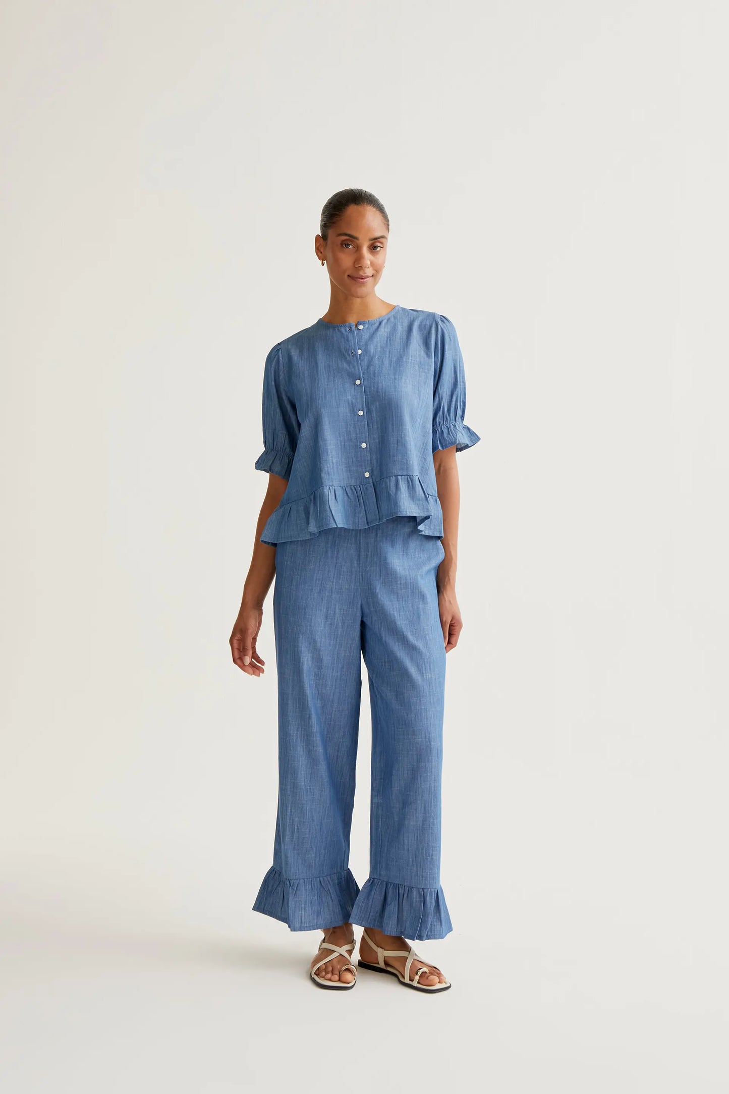 Pantaloni in chambray 100% cotone azzurro