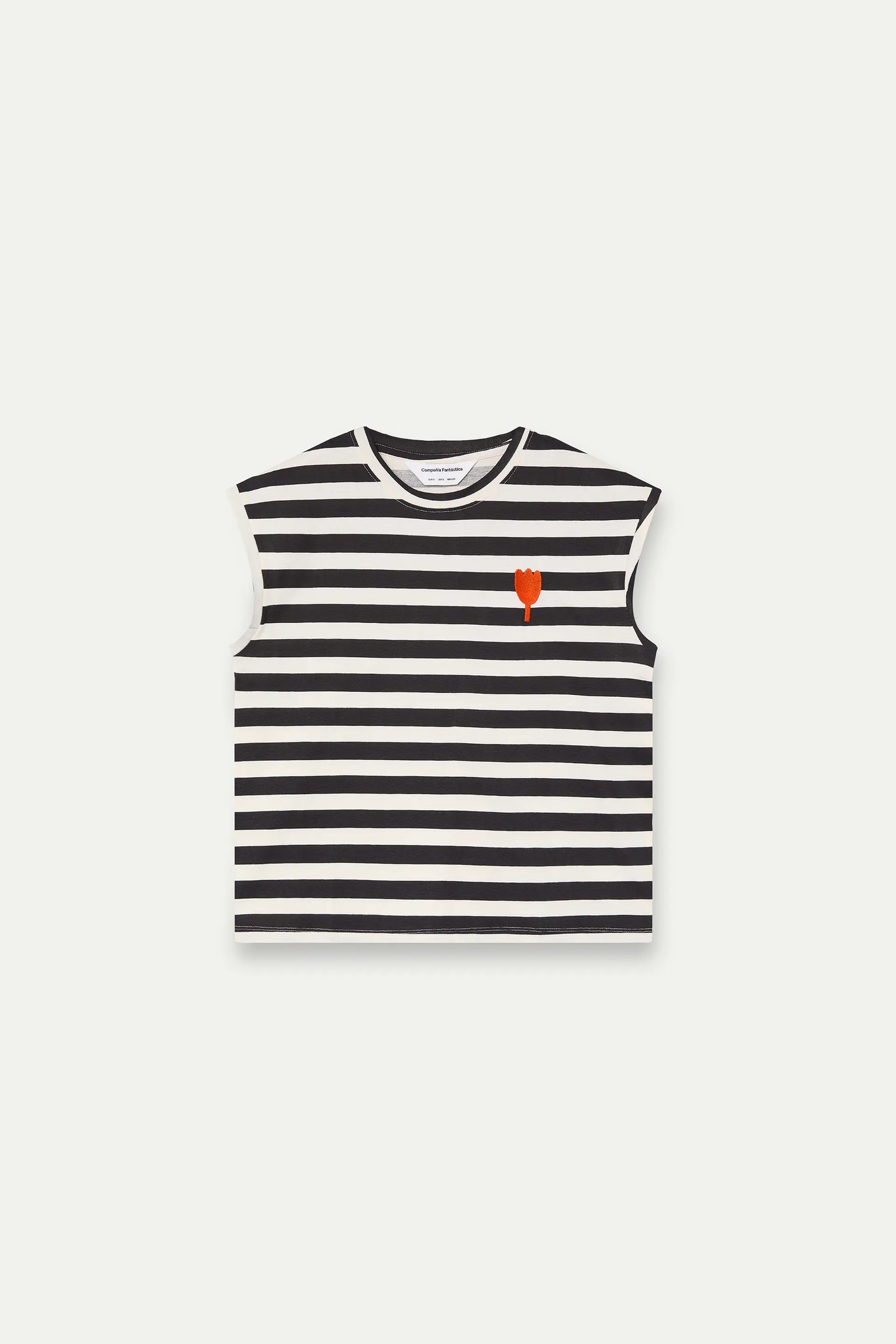 Camiseta con estampado de rayas negras con bordado de tulipán