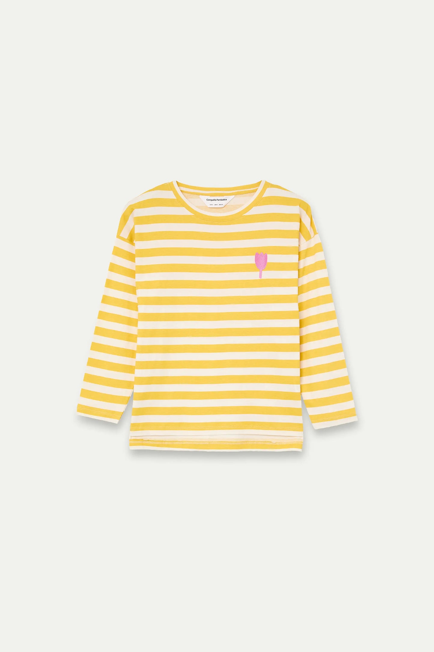 Camiseta con estampado de rayas amarillas con bordado de tulipán