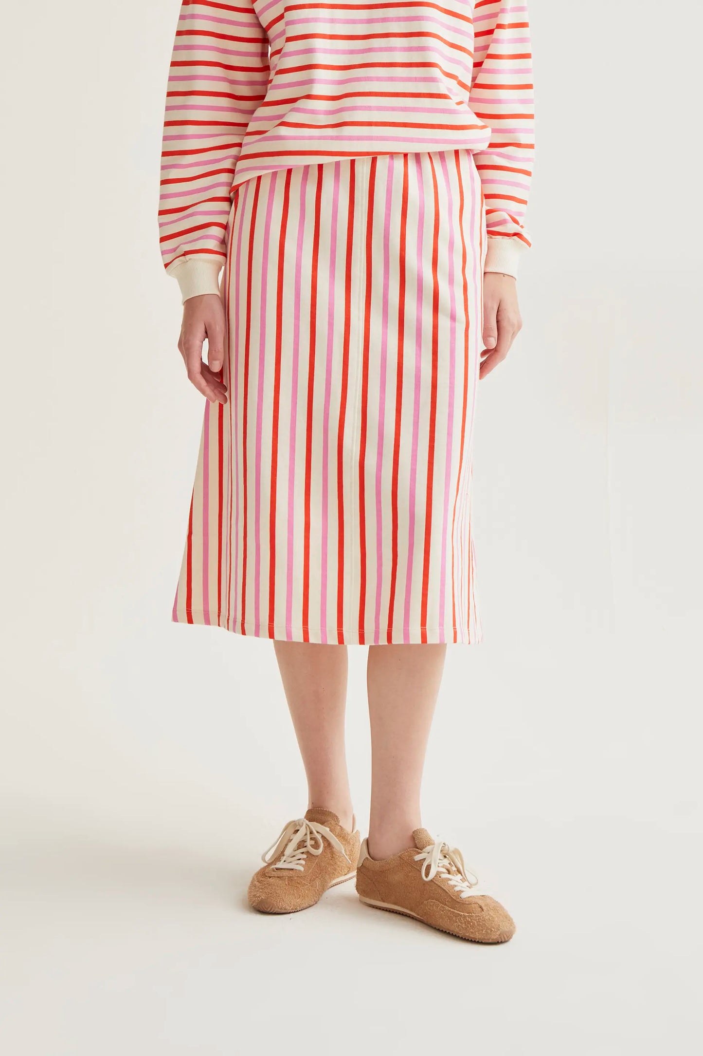 Midi skirt with pink and red striped print