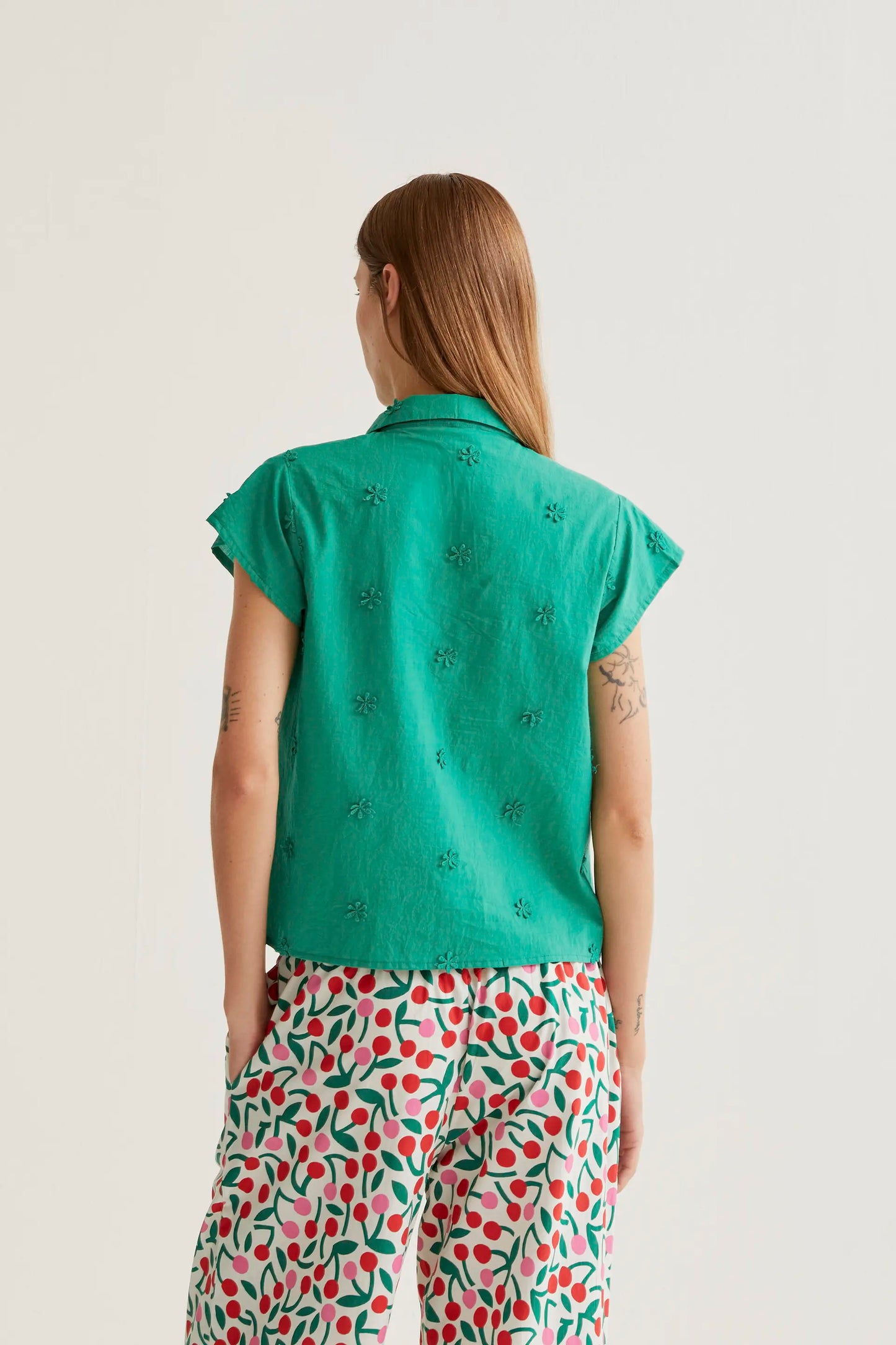 100% cotton green shirt with floral embroidery
