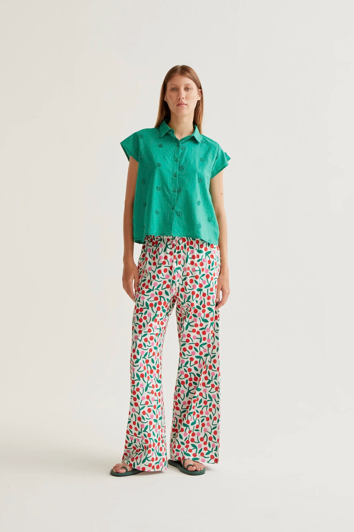 100% cotton green shirt with floral embroidery