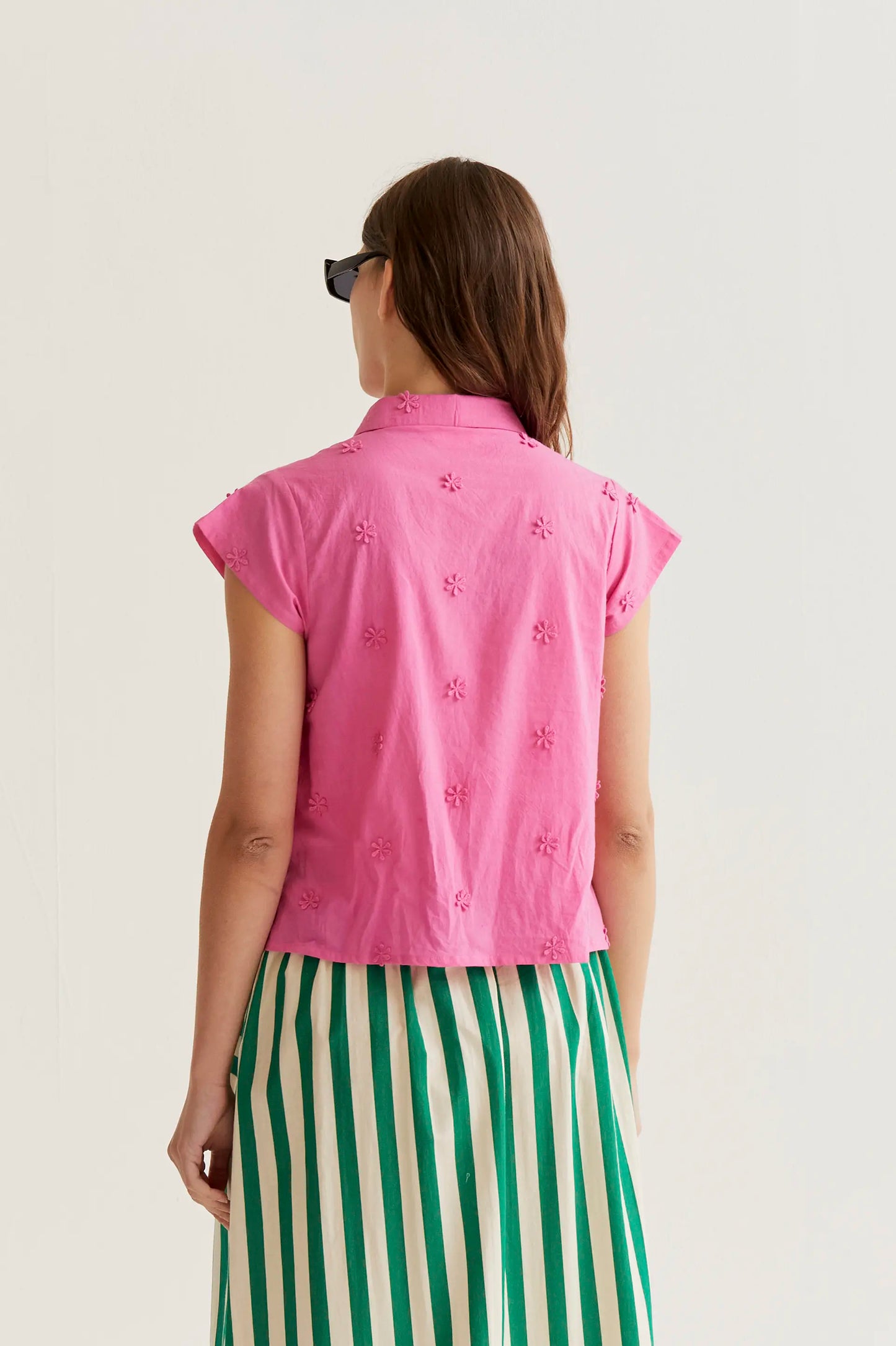 100% cotton pink shirt with floral embroidery