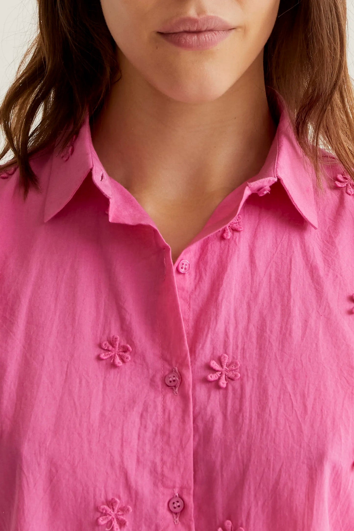 100% cotton pink shirt with floral embroidery