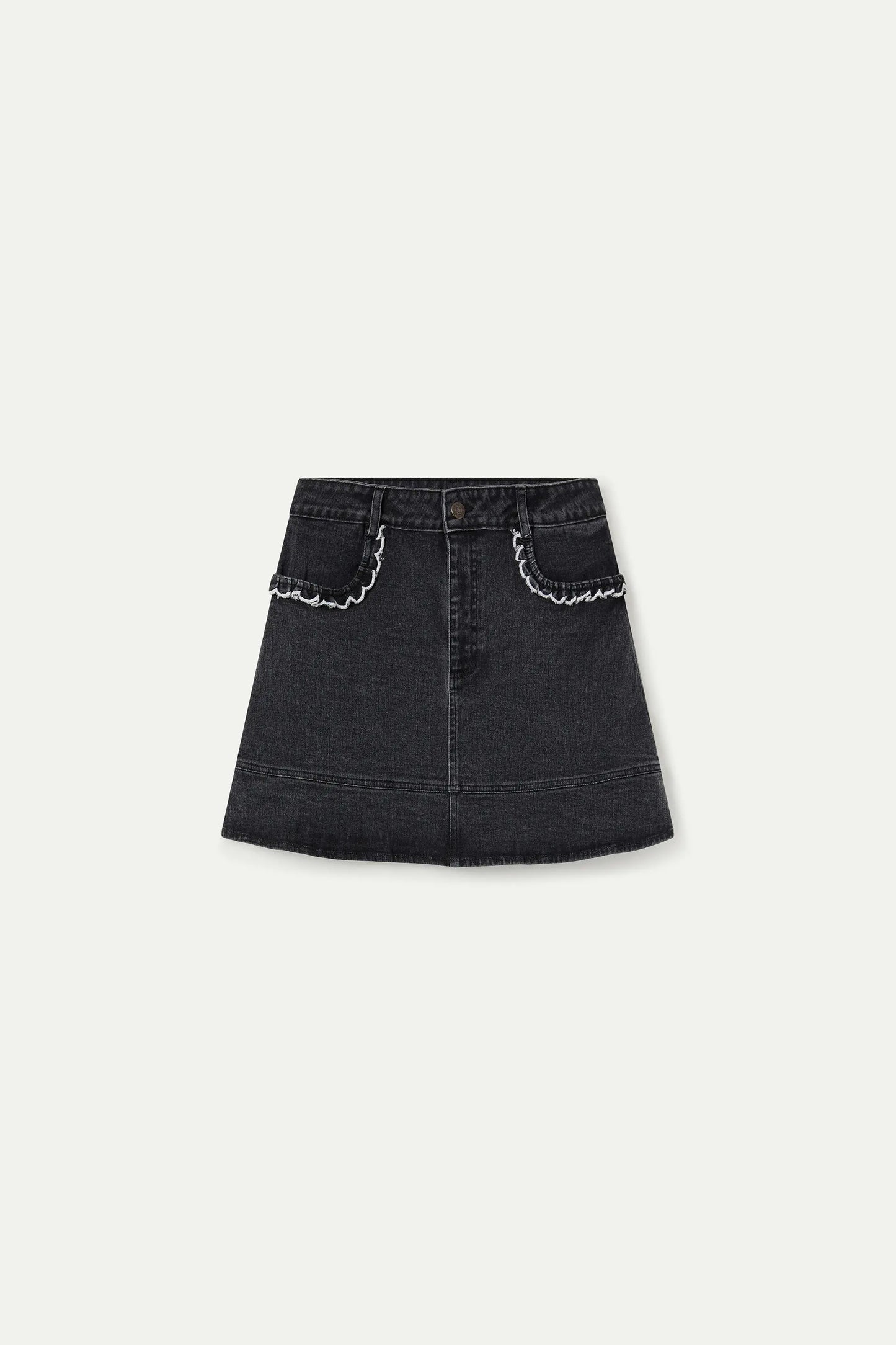 Gonna in denim nero con dettaglio volant