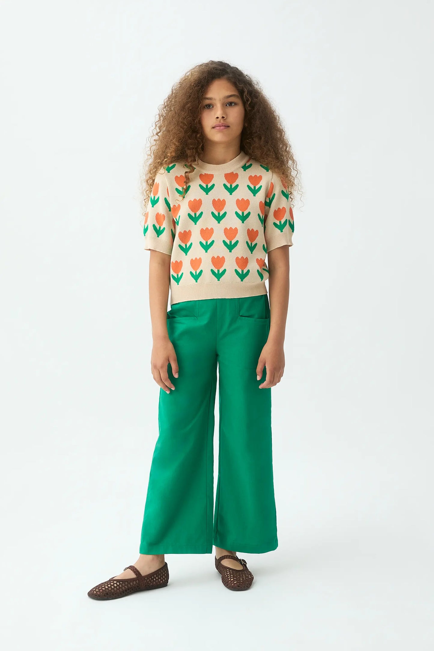 Girls' knitted sweater with Orange Tulip print