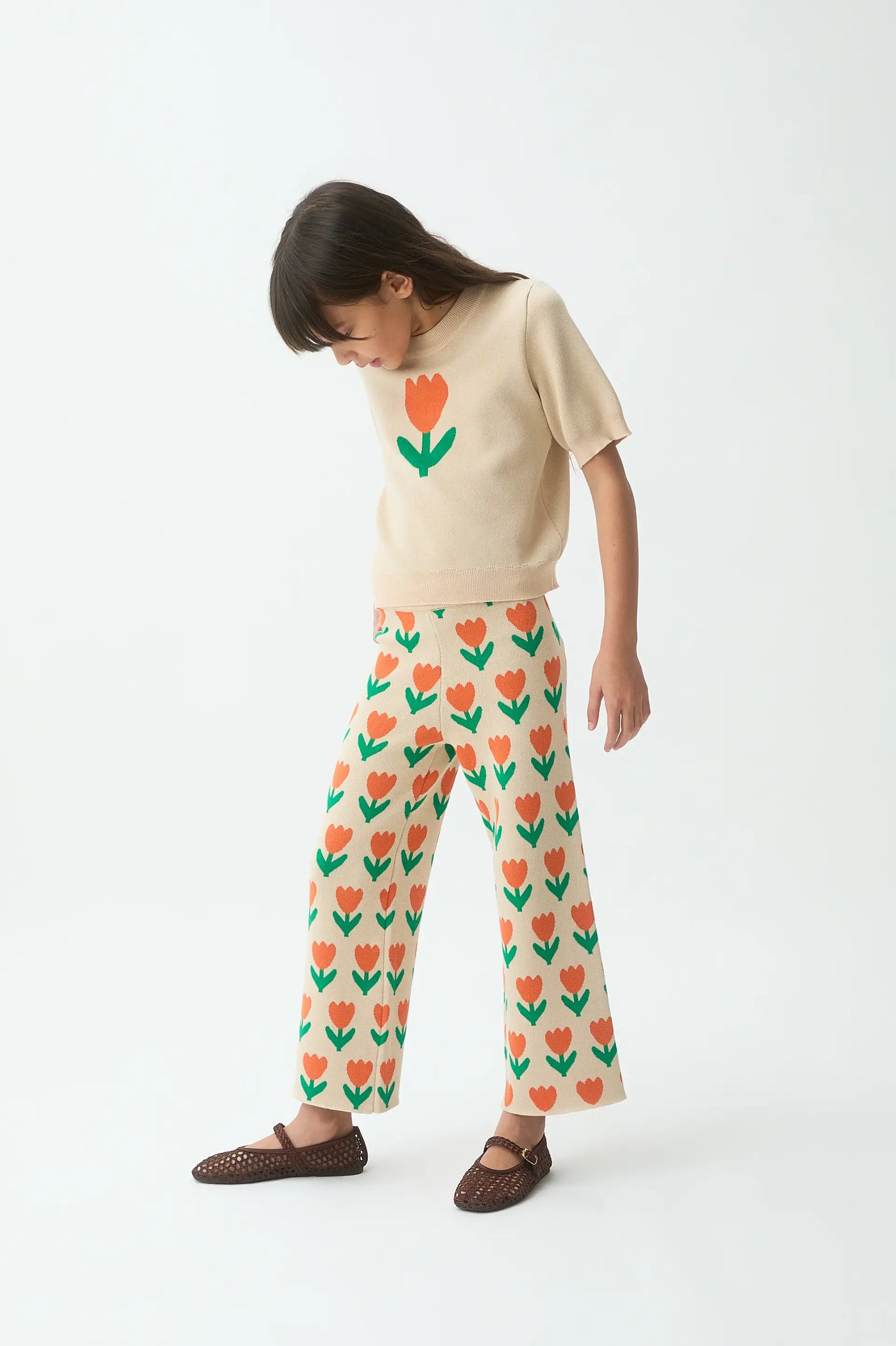 Girls' knitted trousers with Orange Tulip print