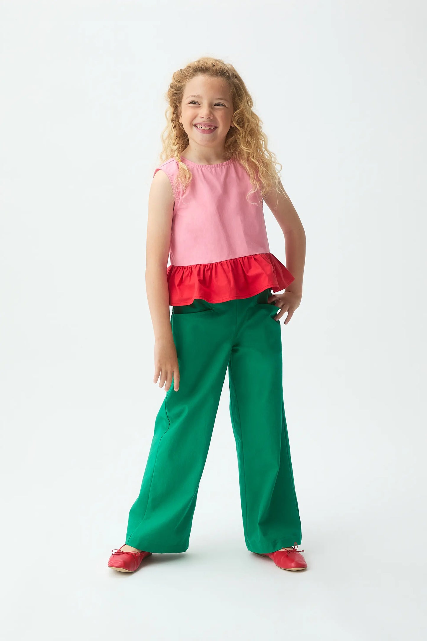 Girls' top, 100% cotton, two-tone pink and red