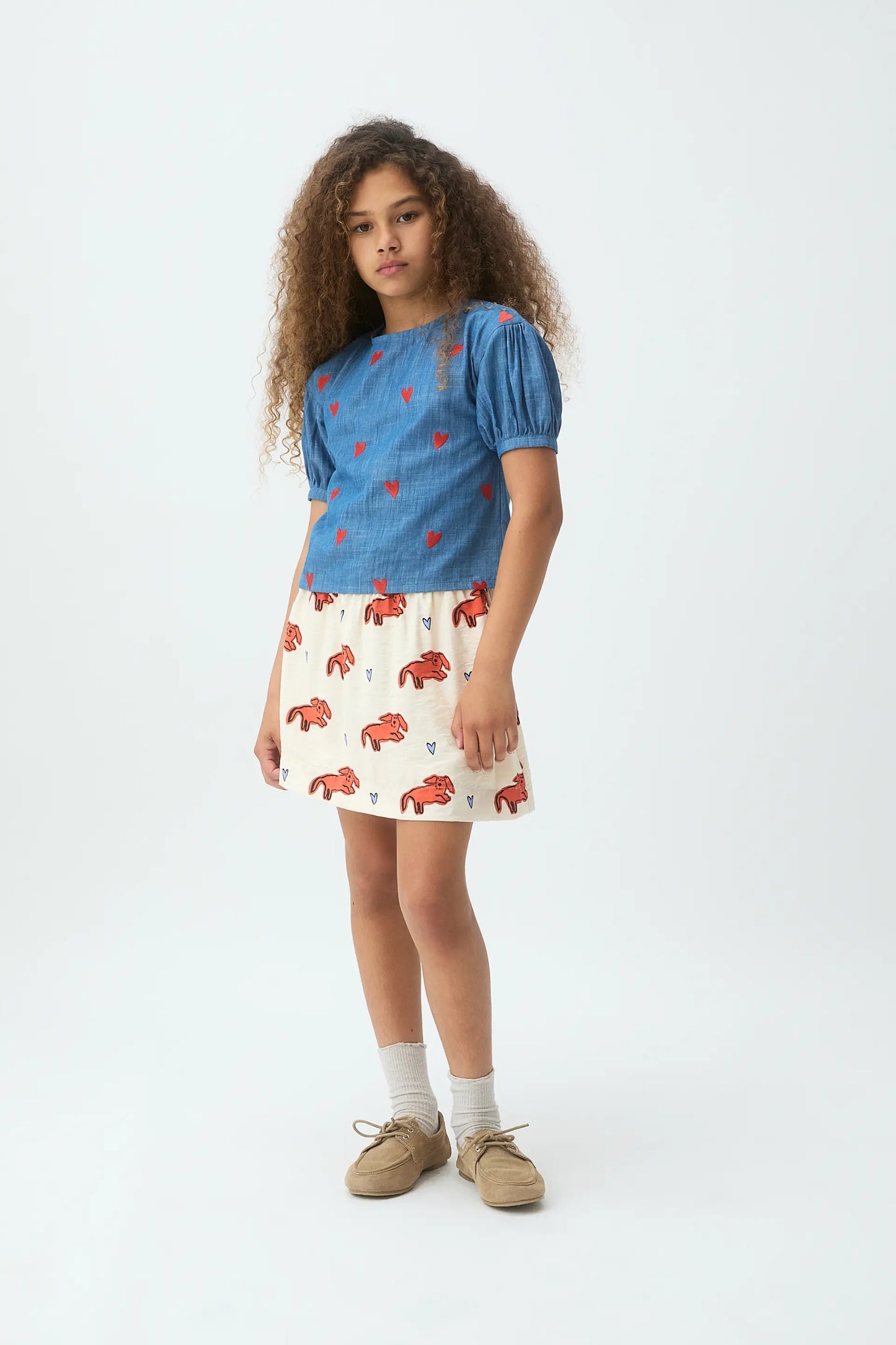 Top bambina, 100% cotone chambray con cuori