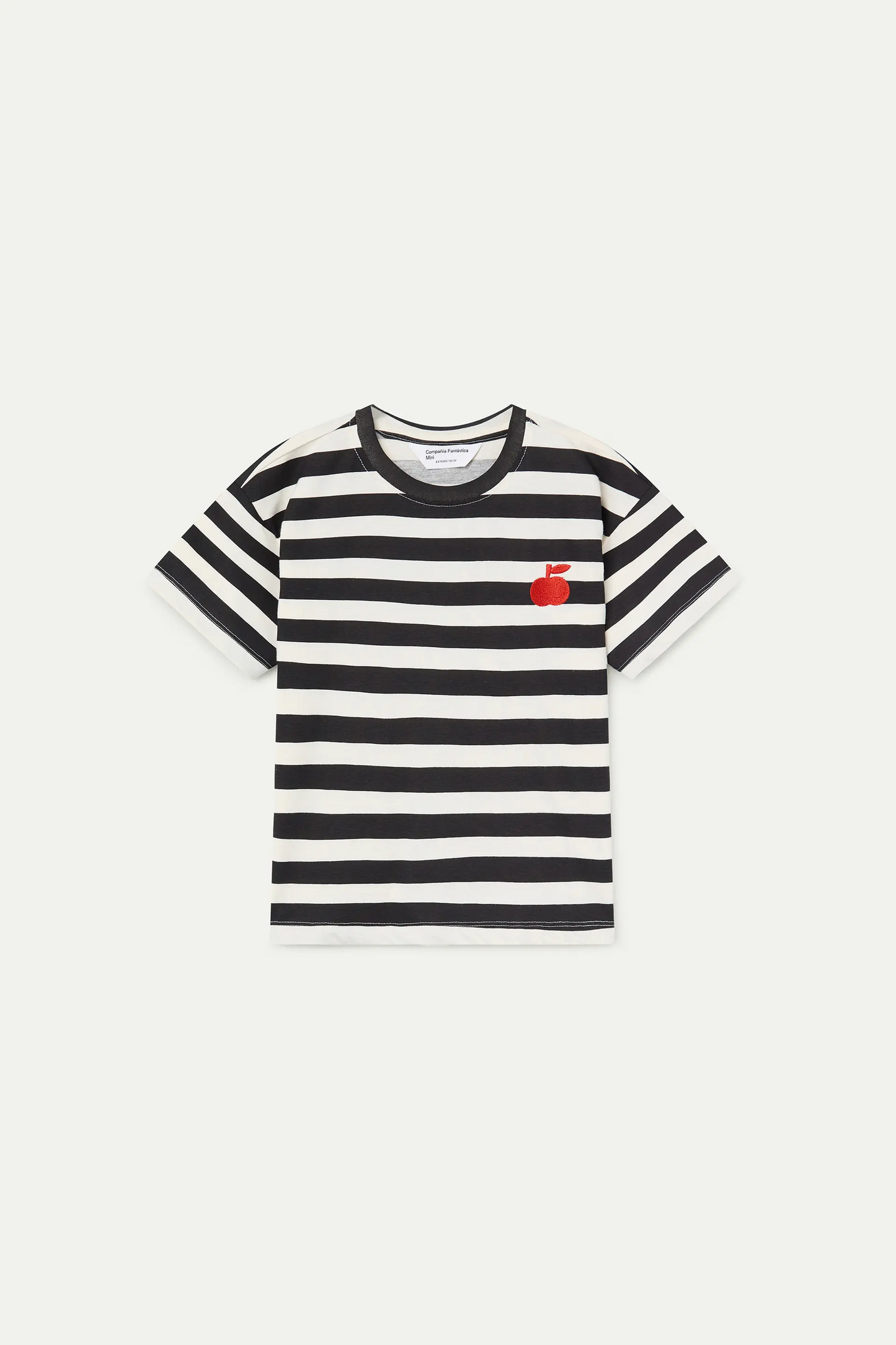 Girl's t-shirt with black striped print and apple embroidery