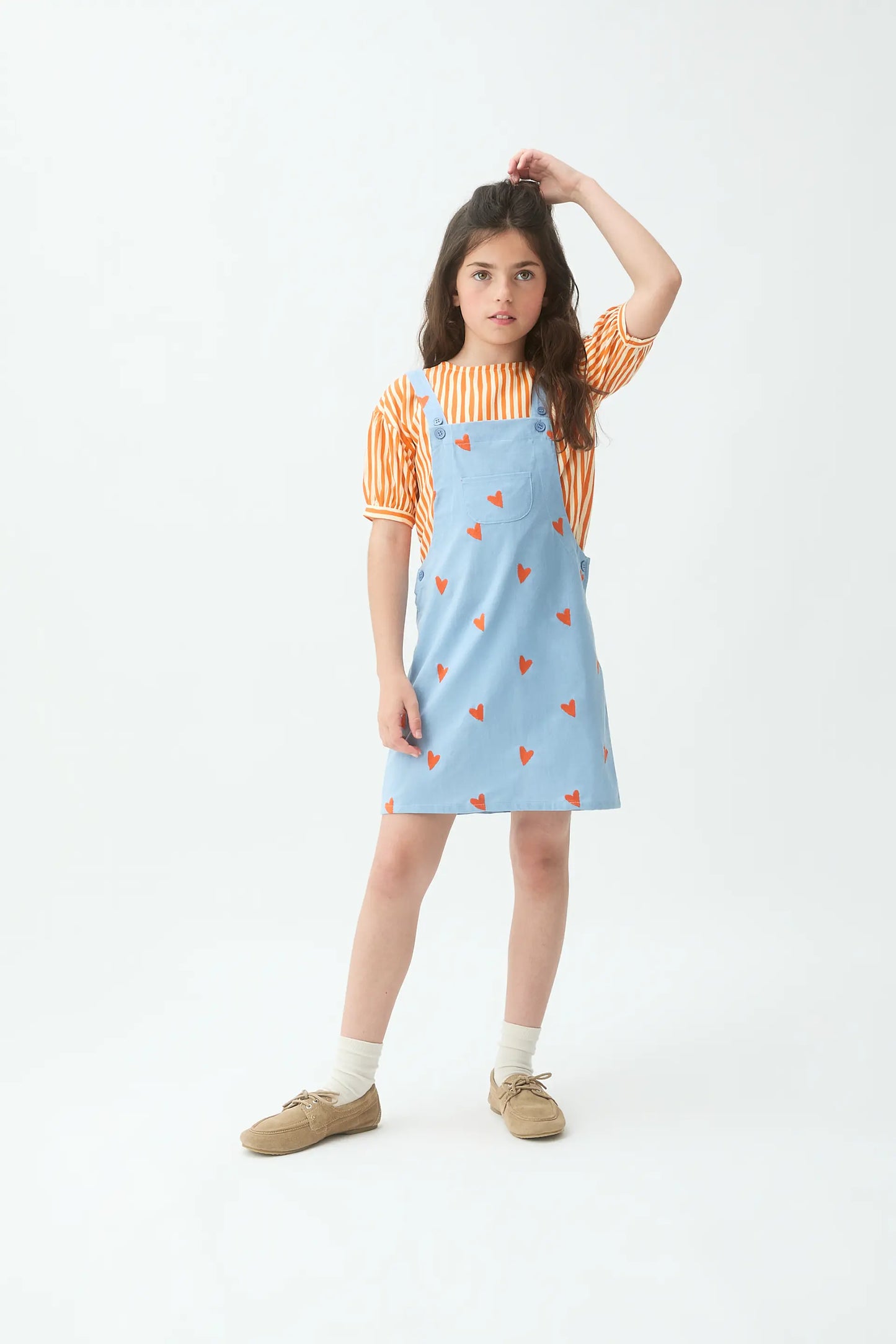 Vestito scamiciato da bambina, 100% cotone, con stampa a cuori
