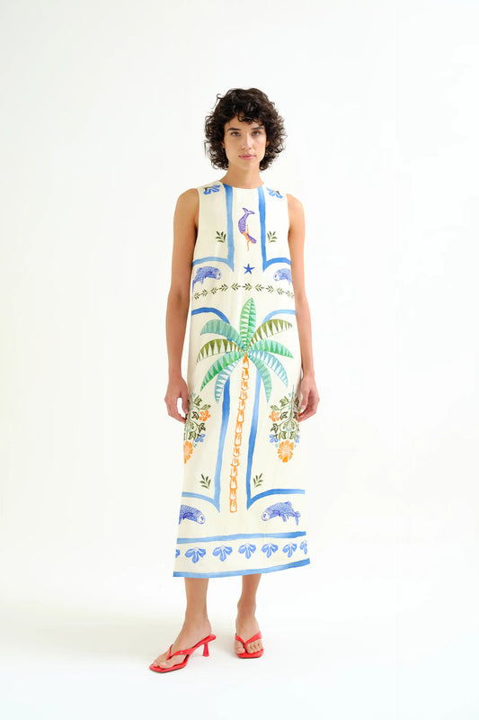 Abito lungo con stampa Palm & Mermaid