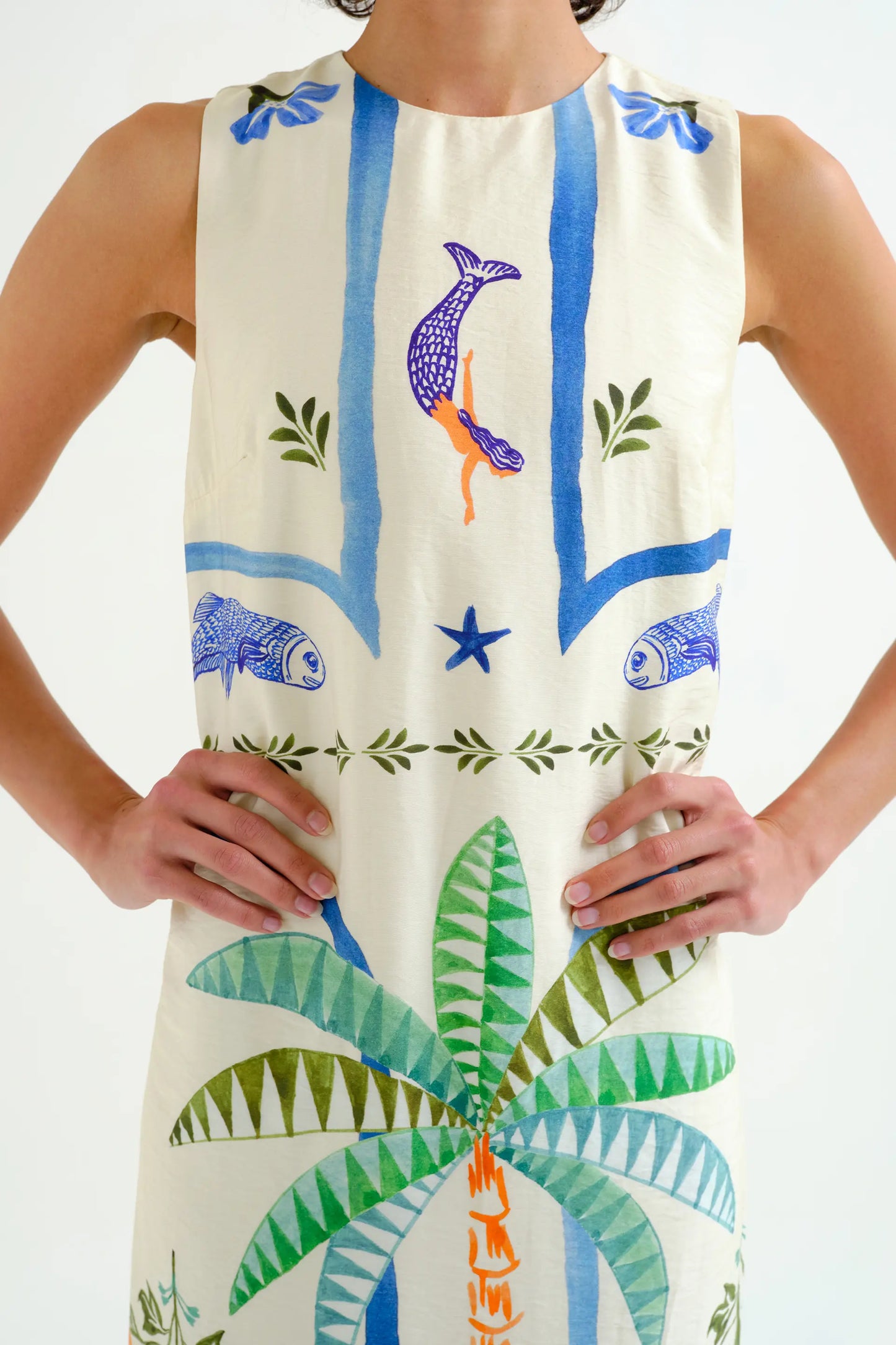 Abito lungo con stampa Palm & Mermaid