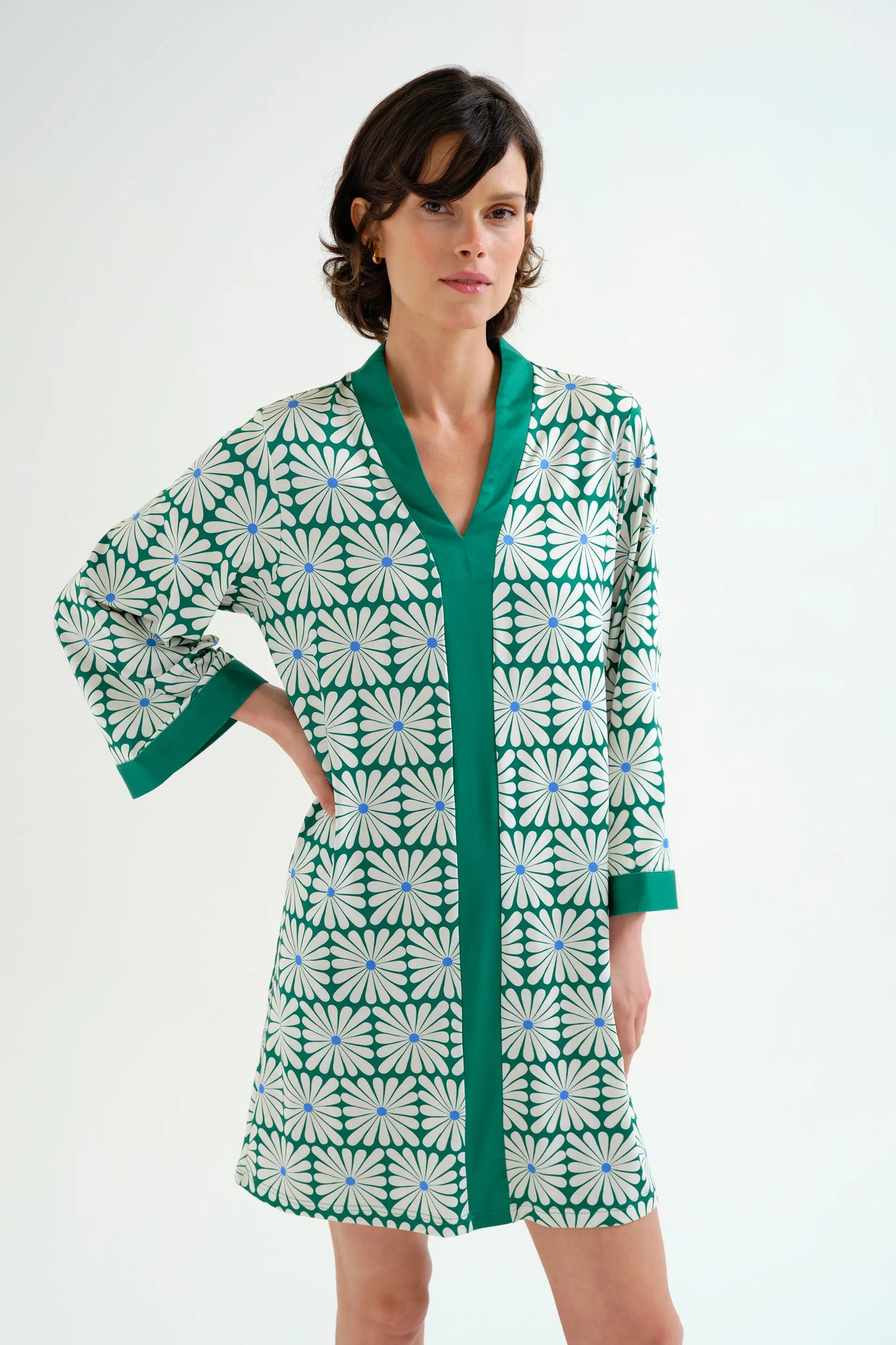 Short kaftan with Olive Flower Green print