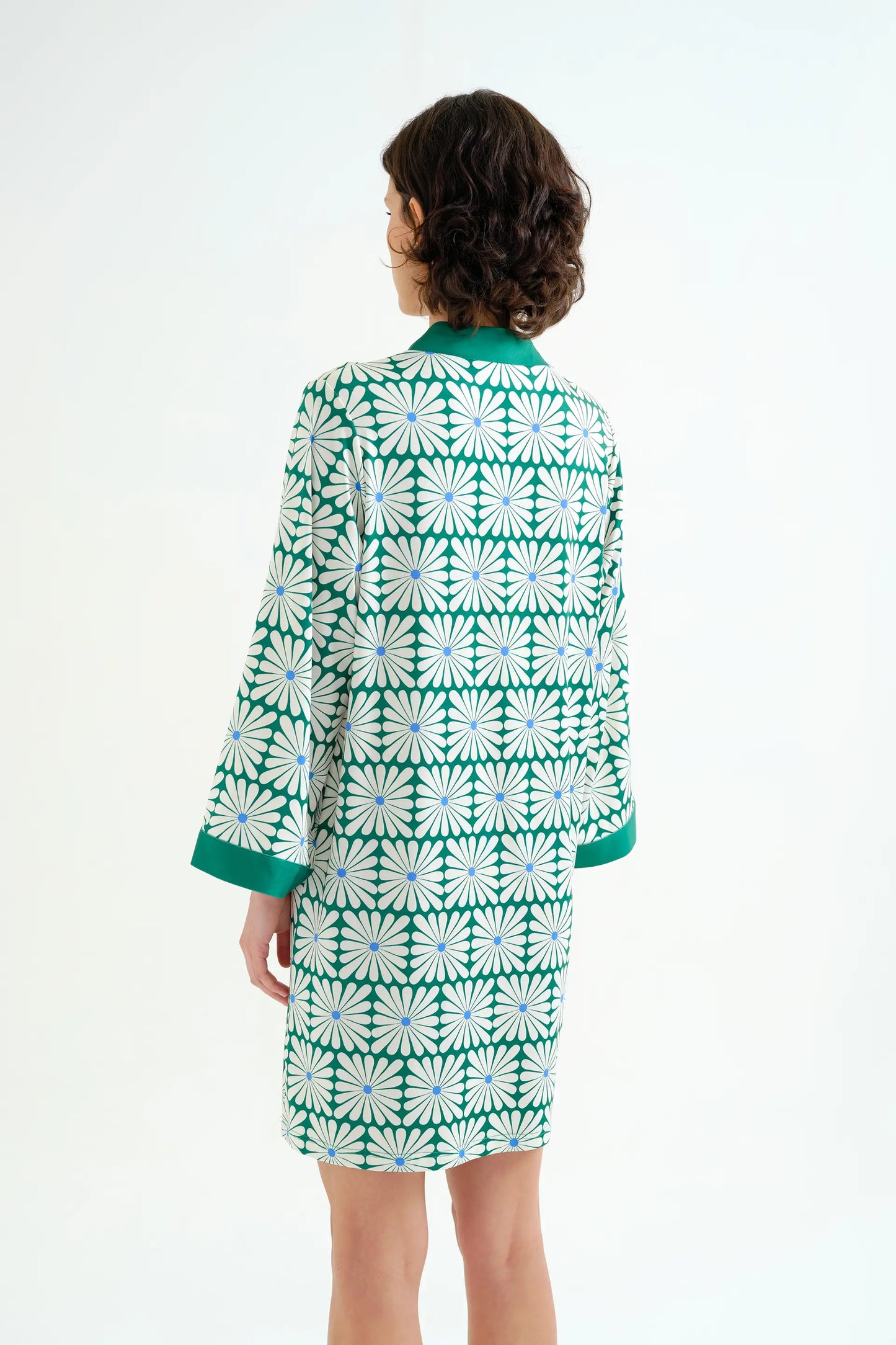 Short kaftan with Olive Flower Green print