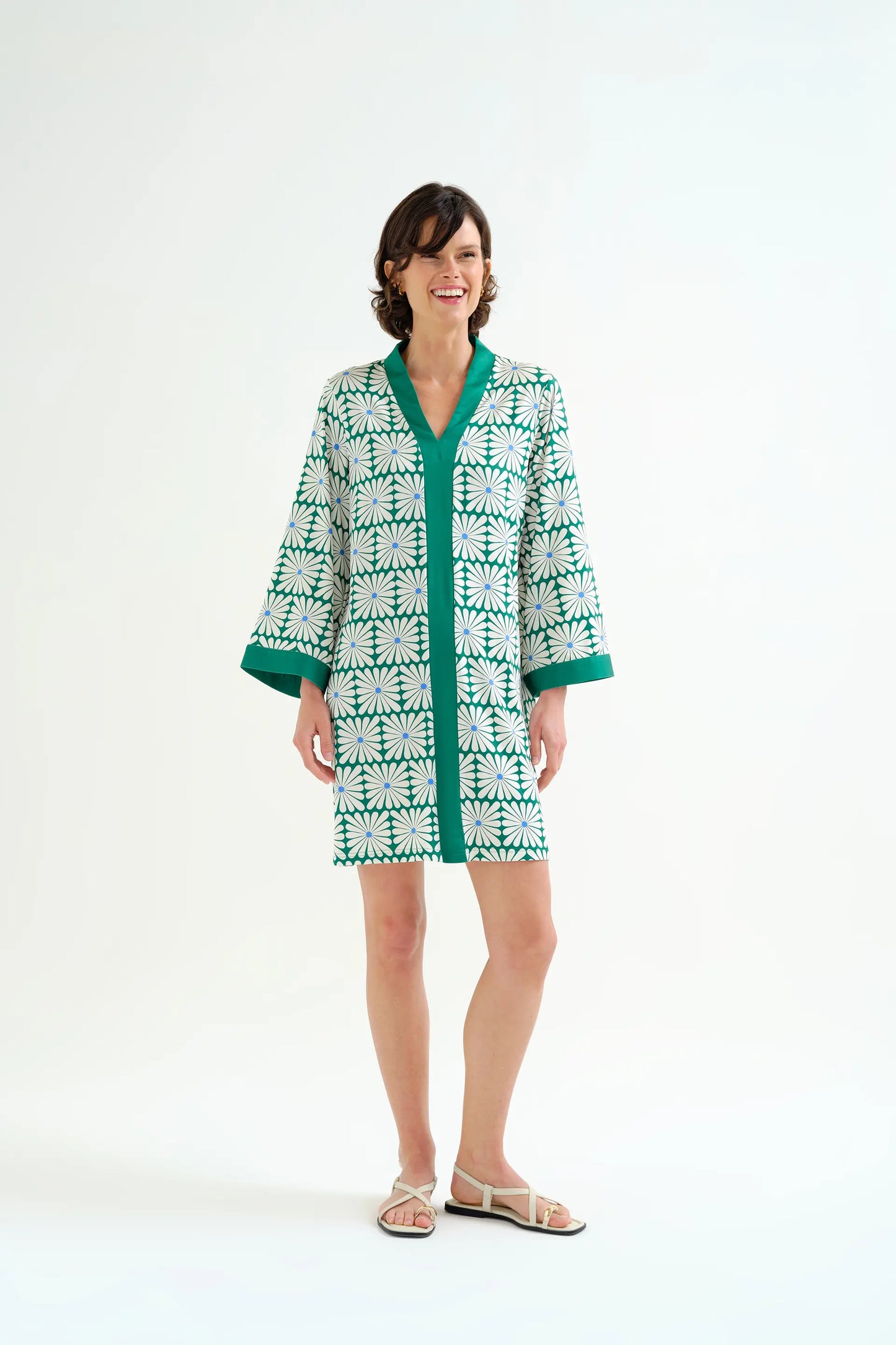 Short kaftan with Olive Flower Green print