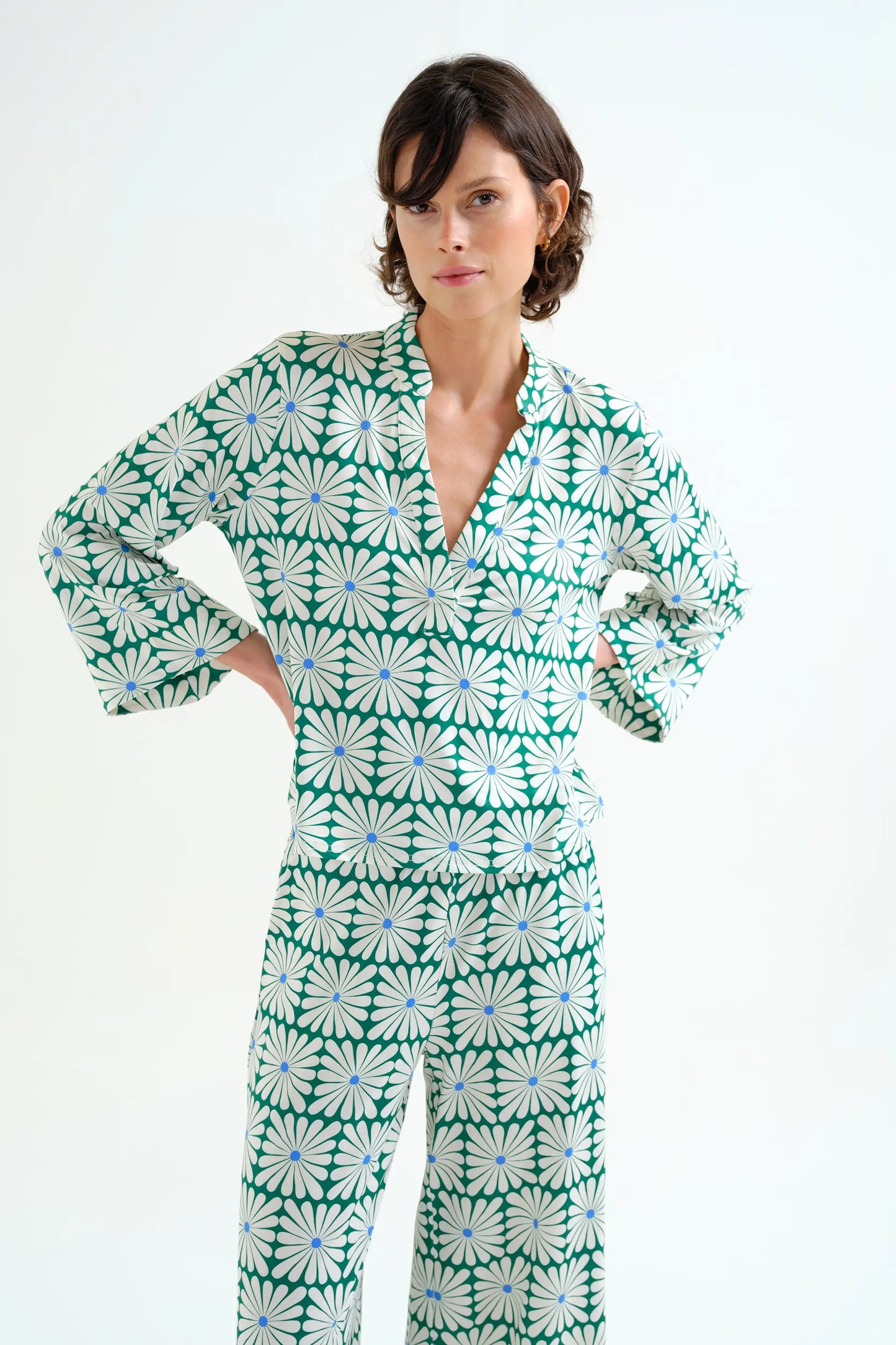 Olive Flower Green print long-sleeved beach top