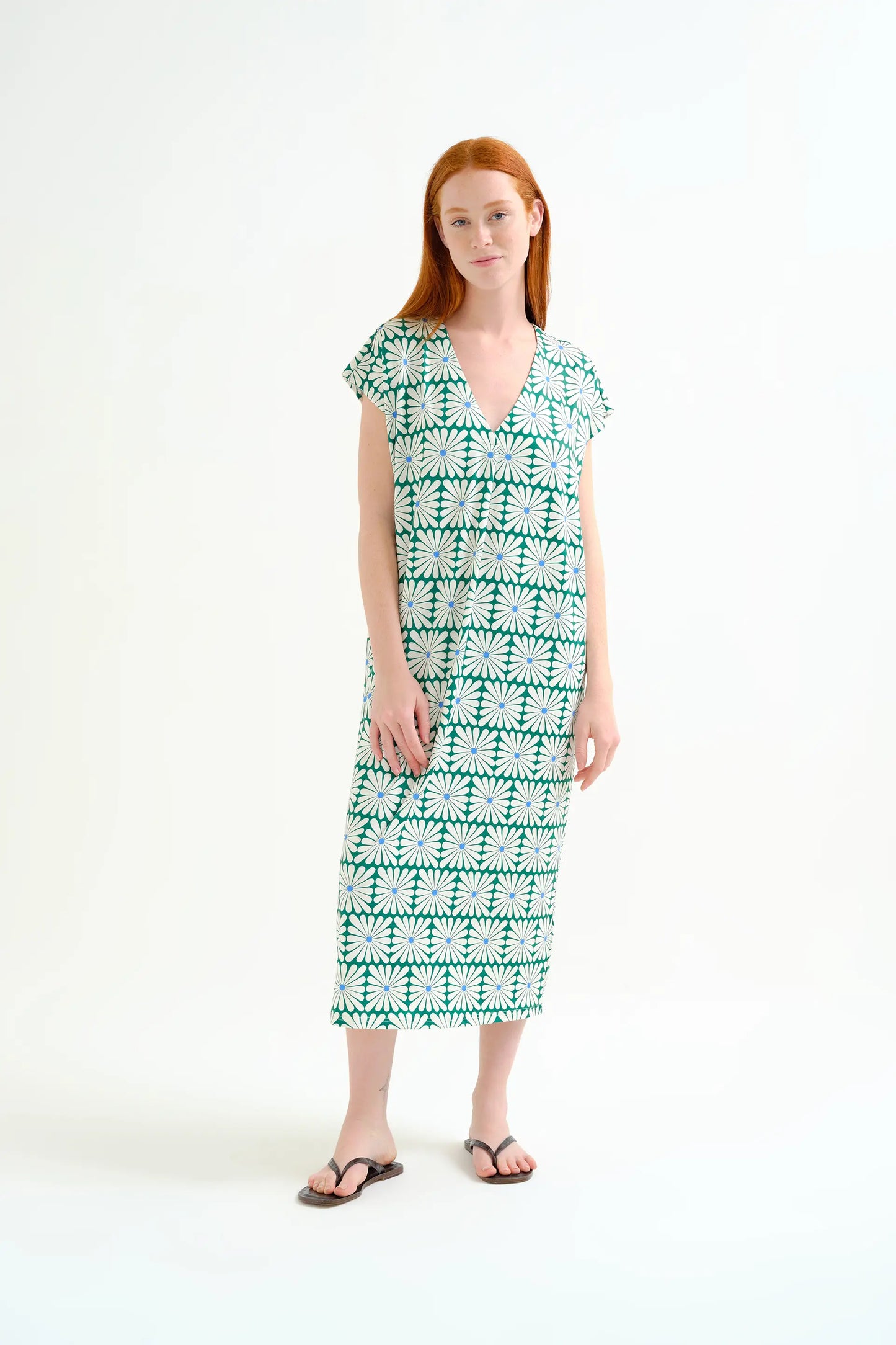 Kaftan largo con estampado Olive Flower Green