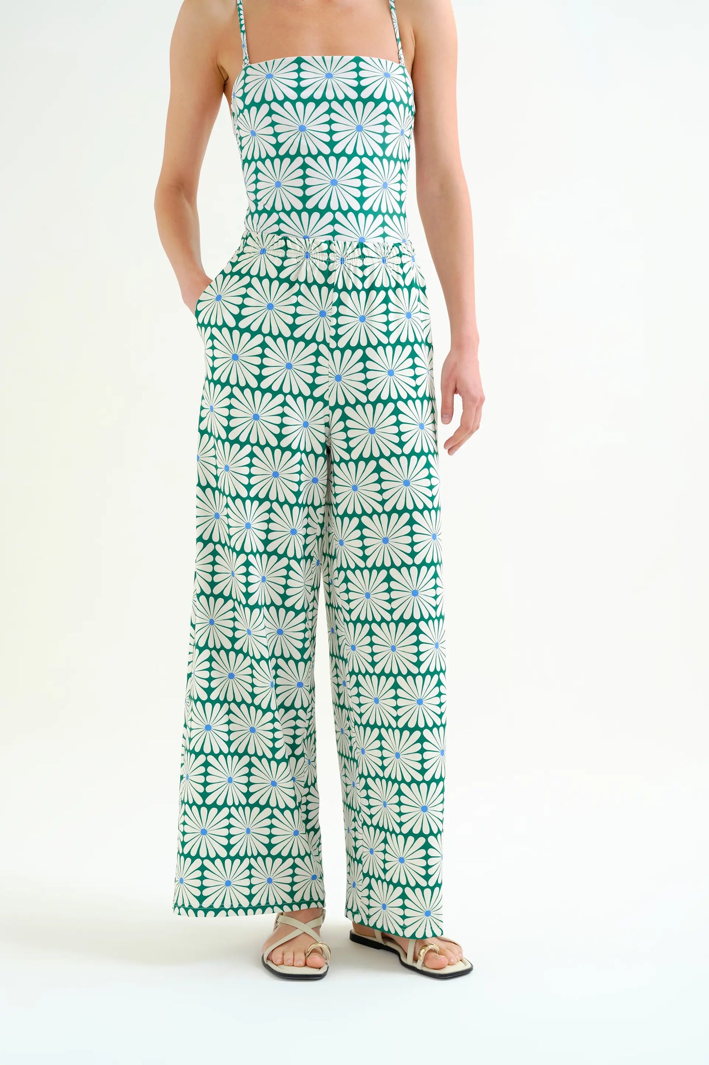 Trousers with Olive Flower Green print