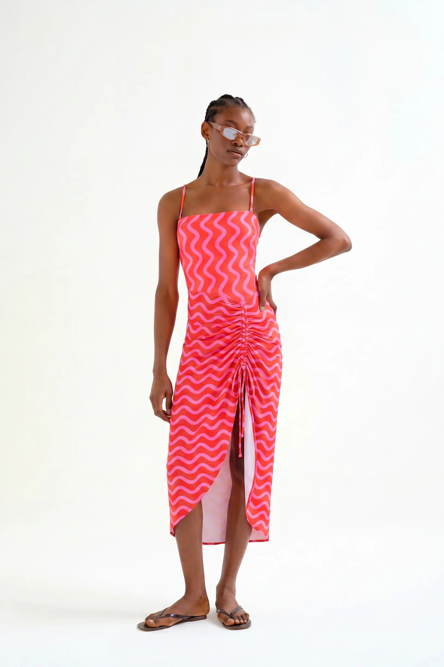 Gonna midi con stampa Wave Red & Pink