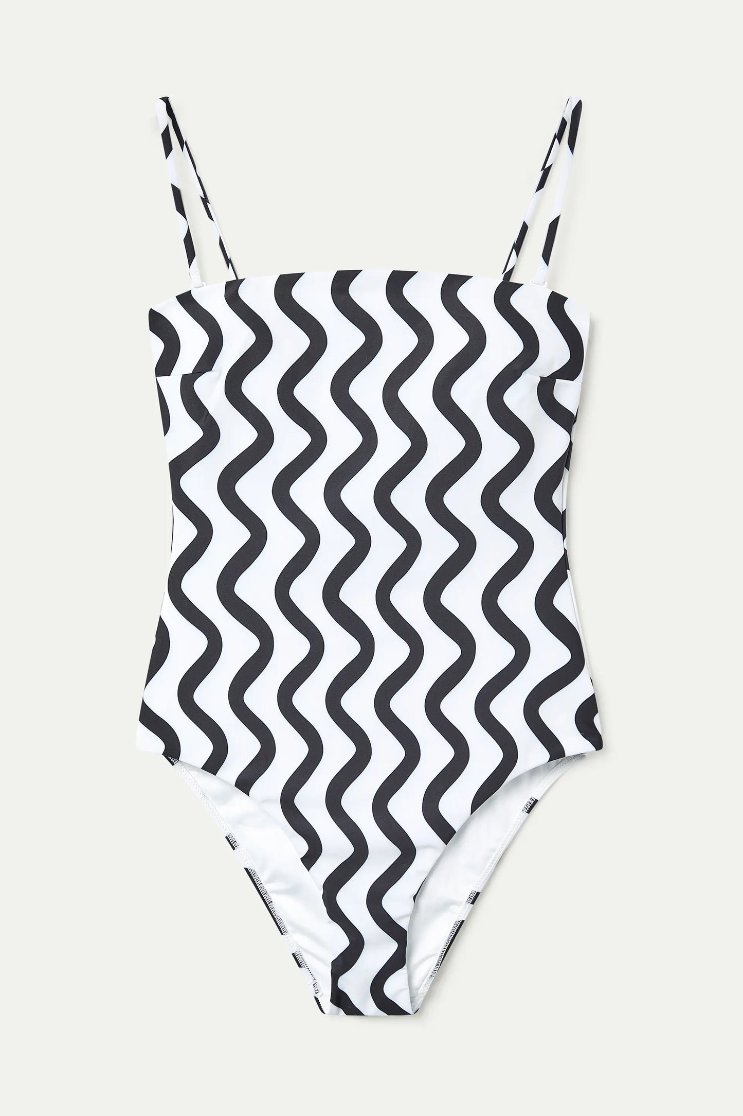 Costume da bagno con scollo dritto e stampa Wave in bianco e nero