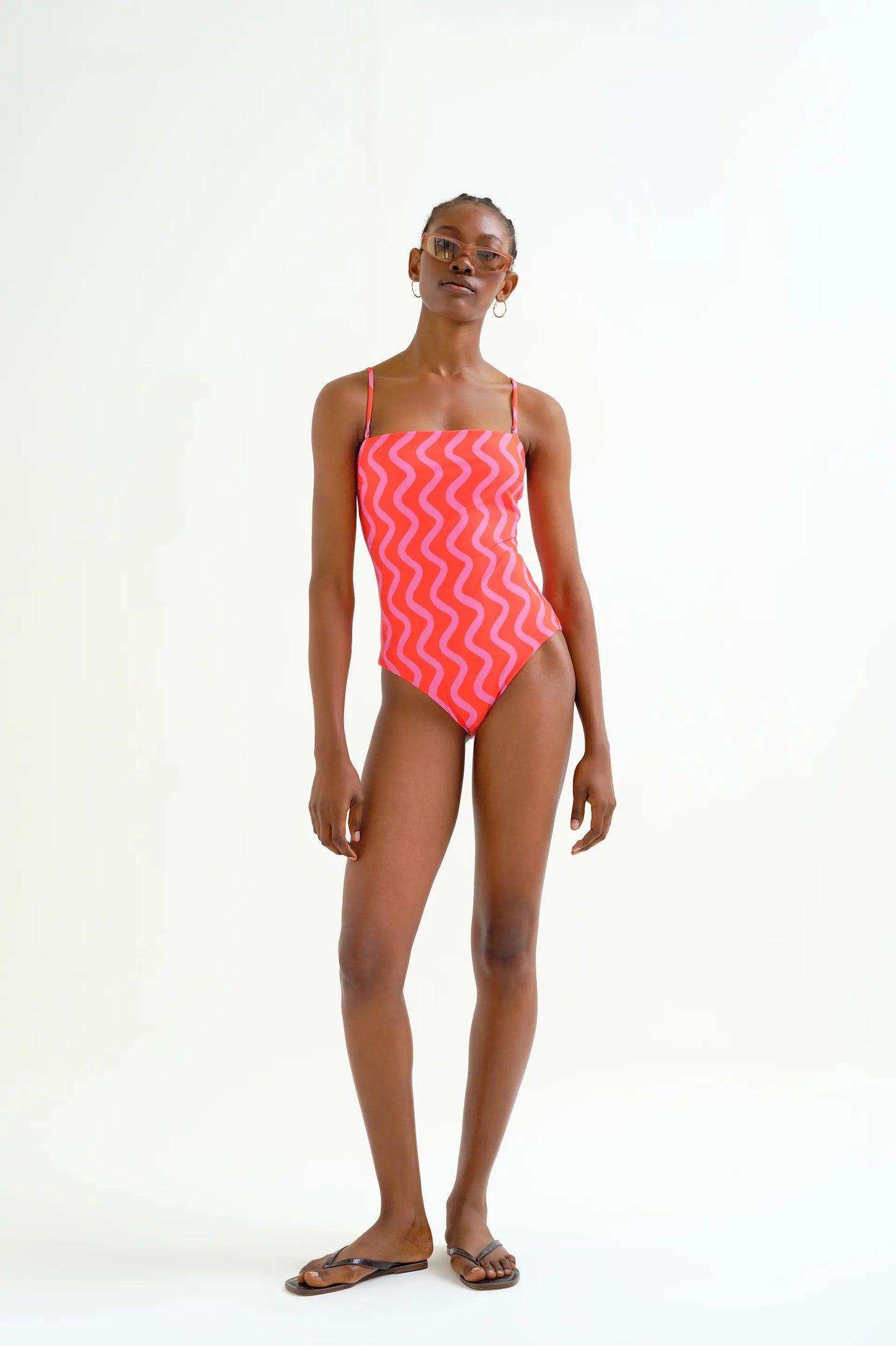 Costume da bagno con scollatura dritta, stampa Wave Red &amp; Pink
